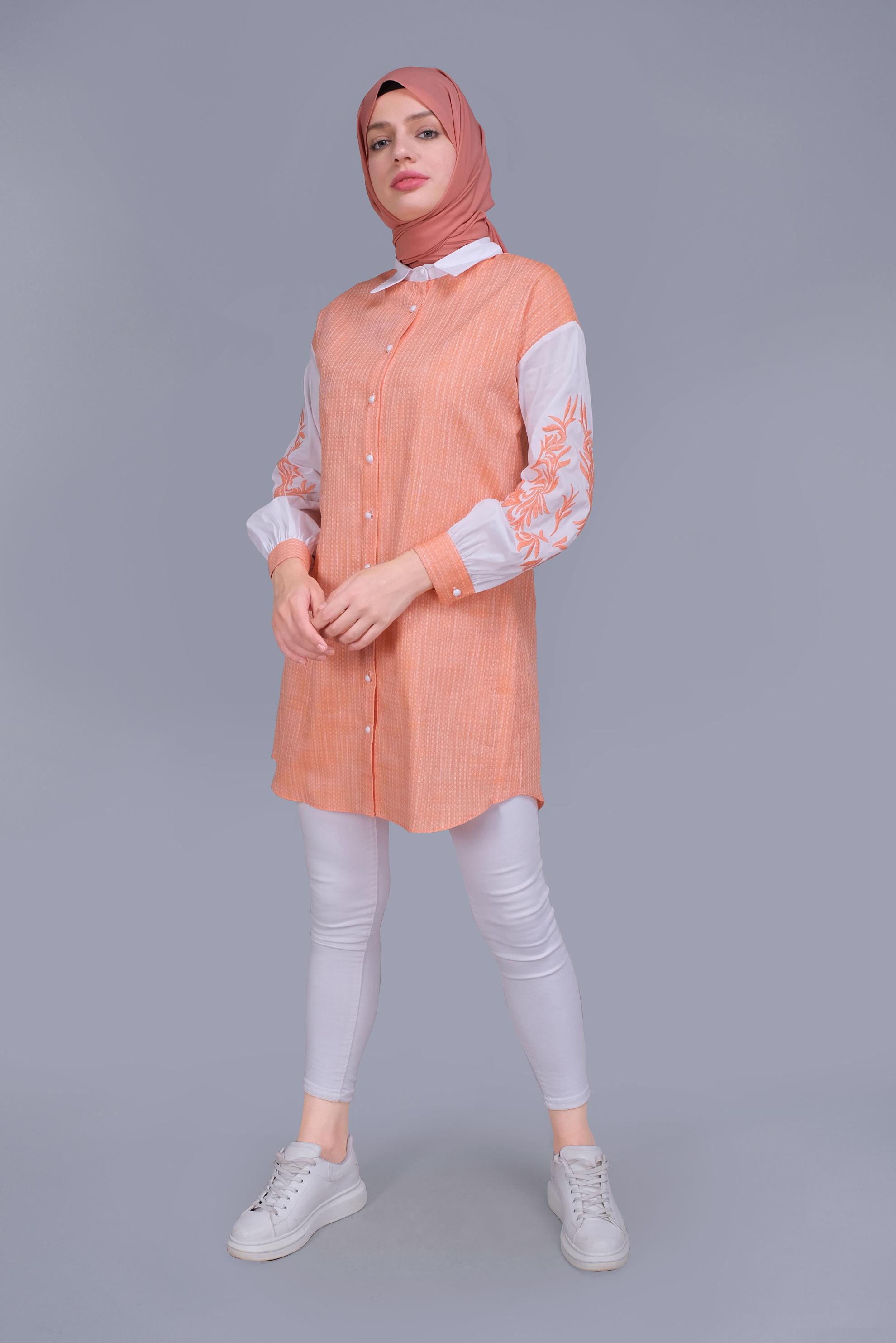 Tesettür giyim TURUNCU NAKIŞ DETAYLI KIÇILLI TUNİK 41703