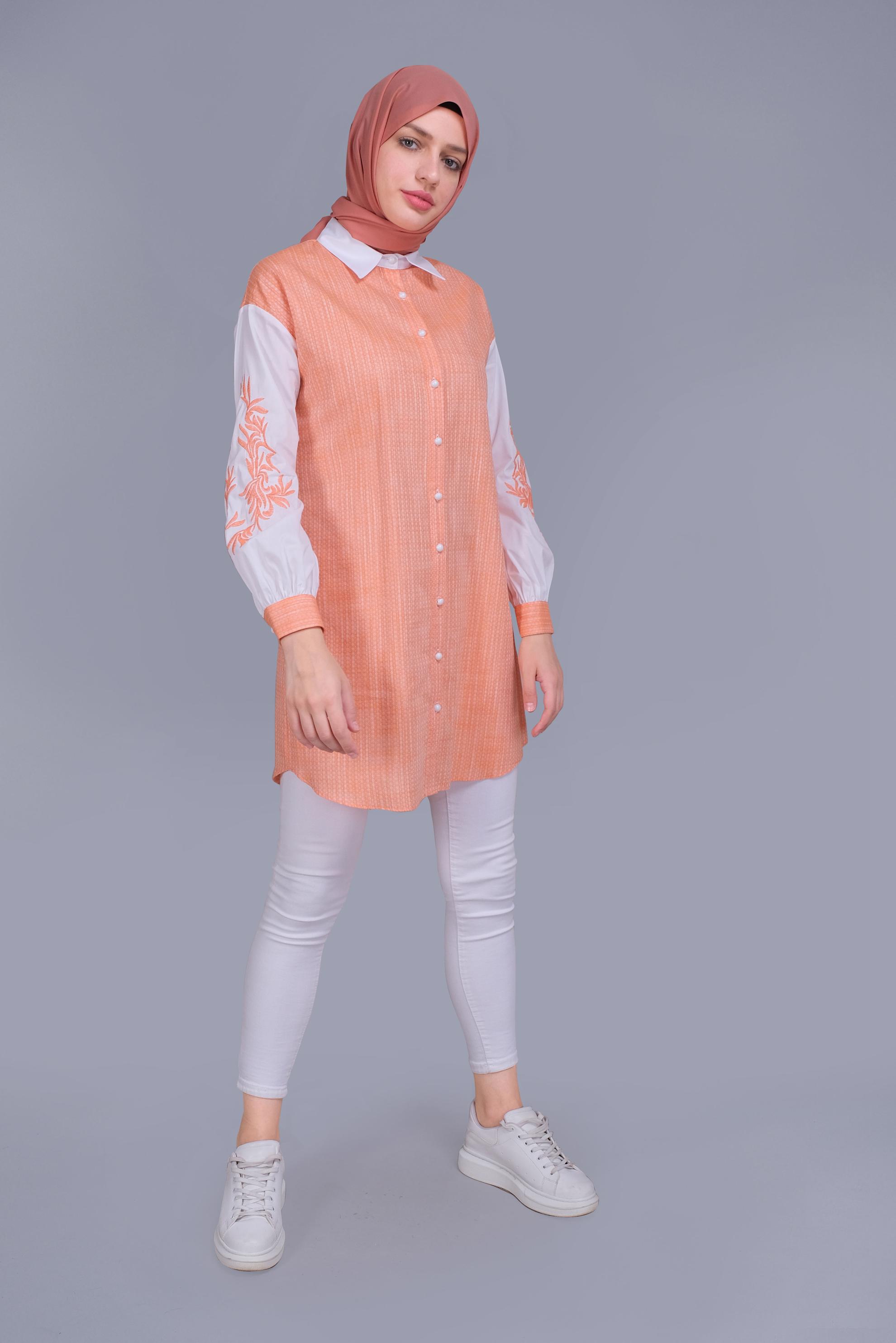 Tesettür giyim TURUNCU NAKIŞ DETAYLI KIÇILLI TUNİK 41703