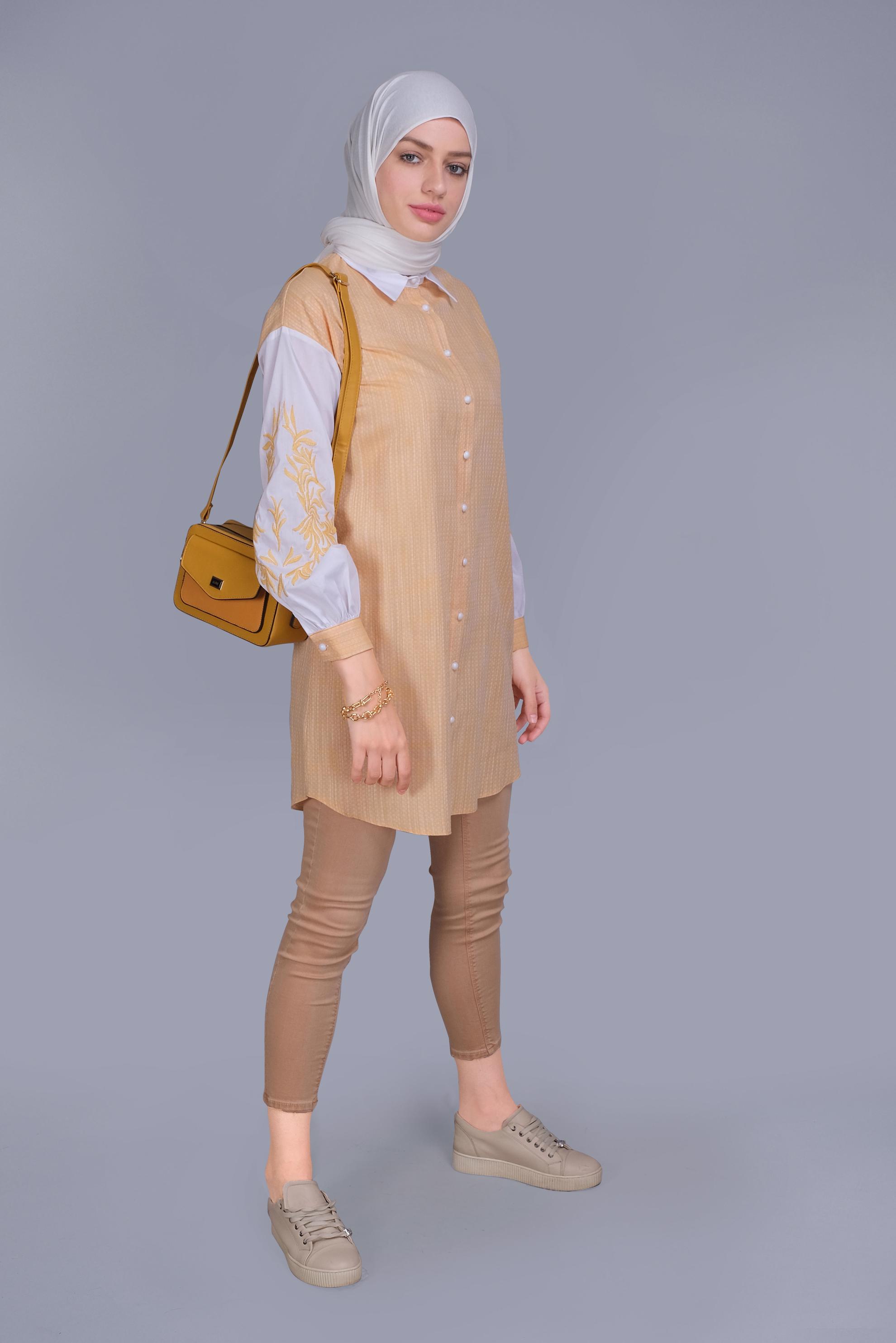 Tesettür giyim SARI NAKIŞ DETAYLI KIÇILLI TUNİK 41703