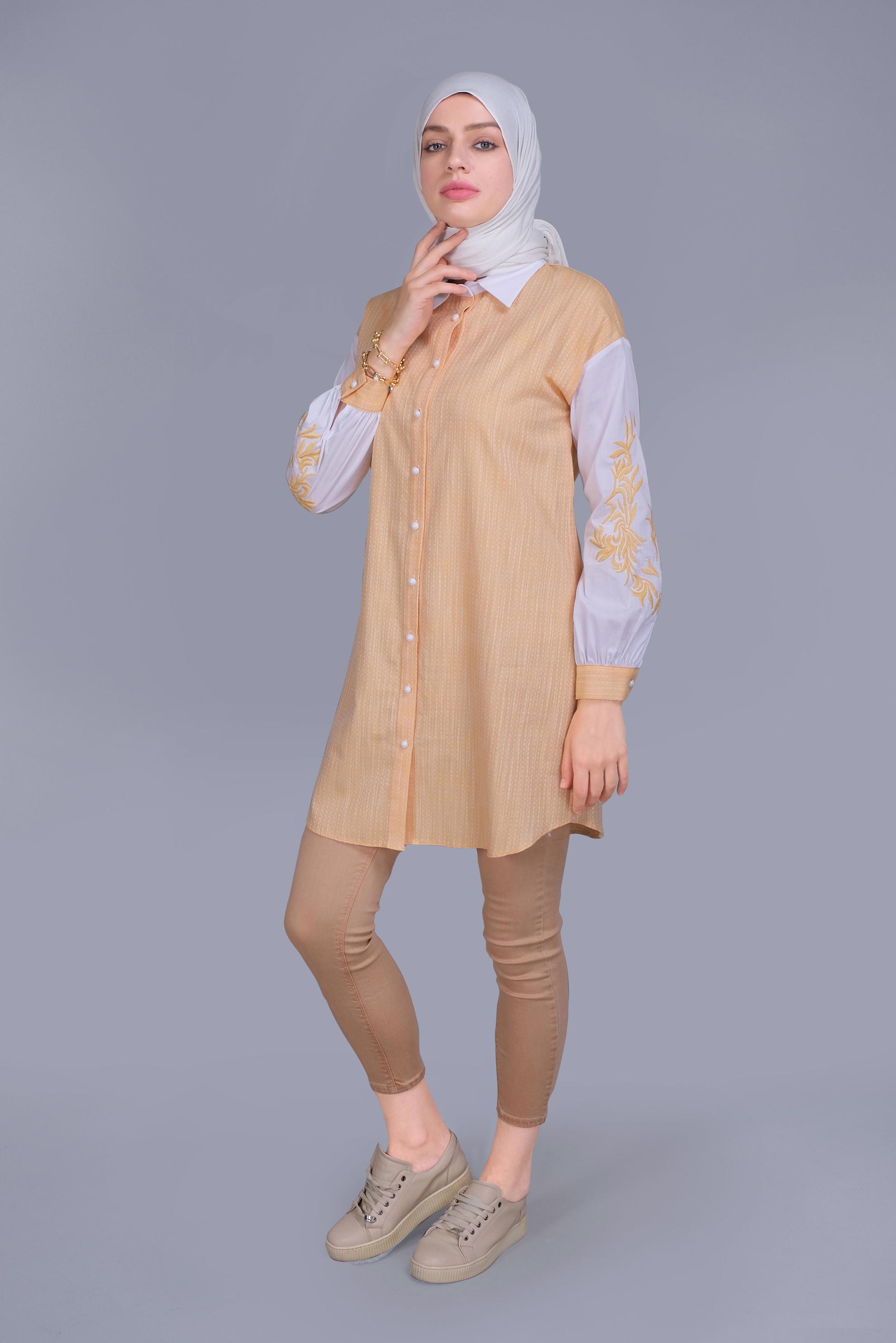 Tesettür giyim SARI NAKIŞ DETAYLI KIÇILLI TUNİK 41703