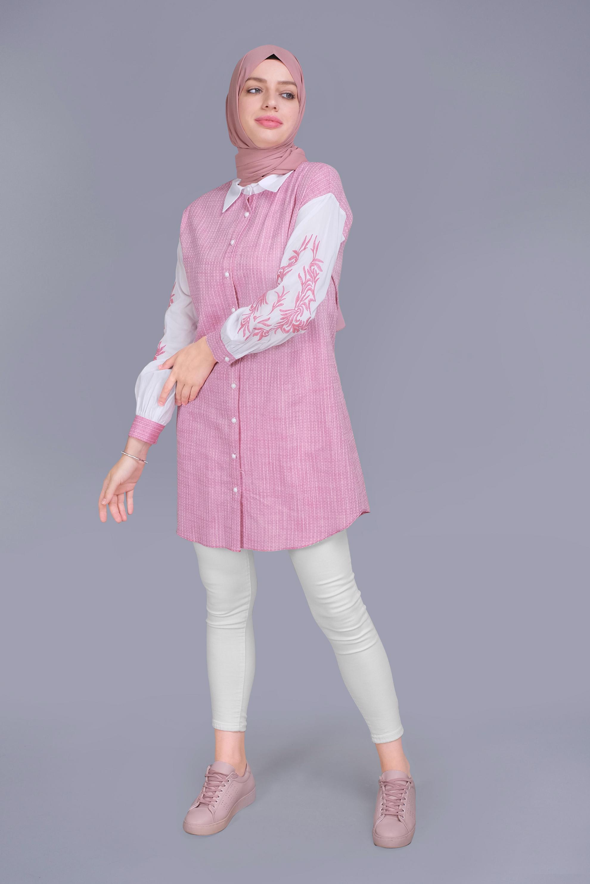 Tesettür giyim FUŞYA NAKIŞ DETAYLI KIÇILLI TUNİK 41703