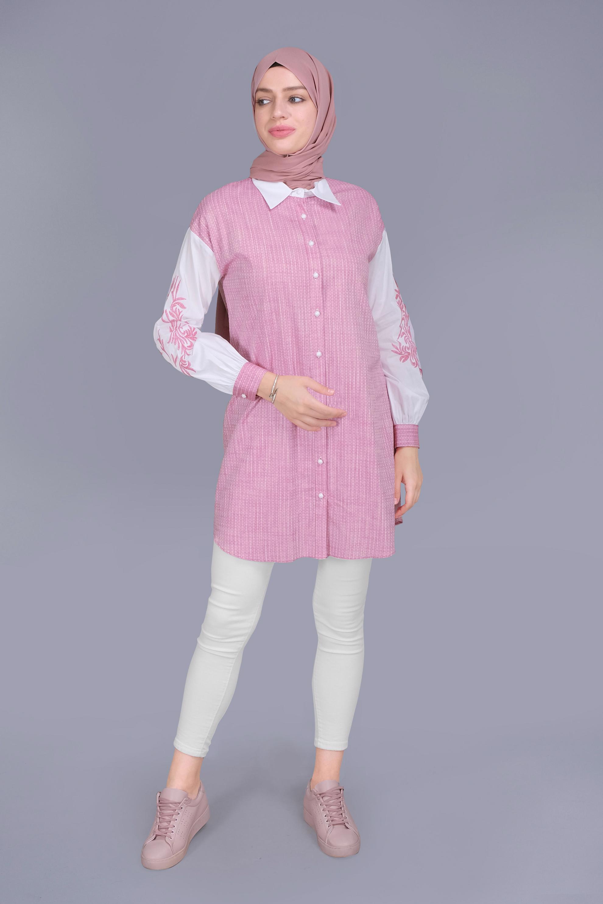 Tesettür giyim FUŞYA NAKIŞ DETAYLI KIÇILLI TUNİK 41703