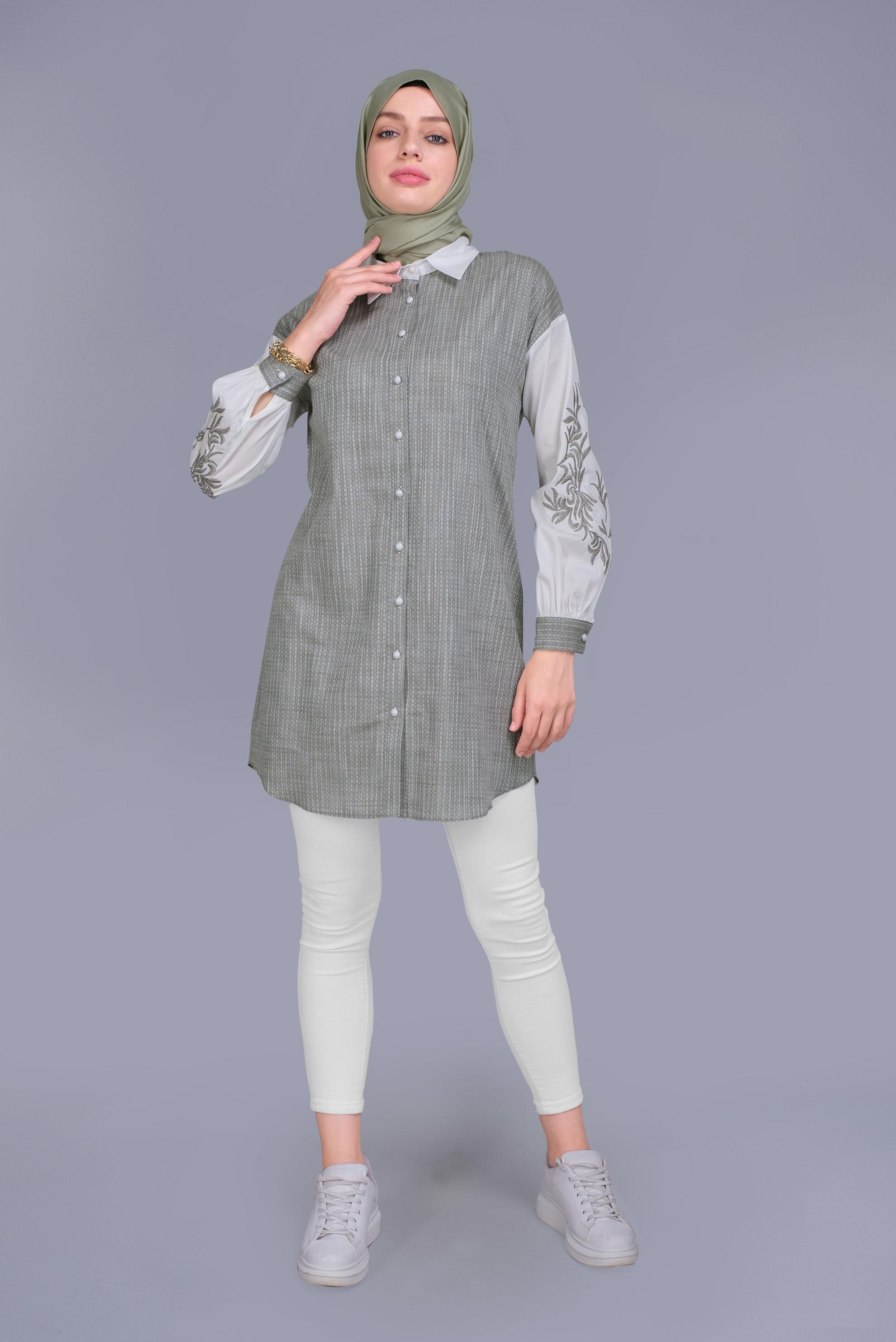 Tesettür giyim HAKİ NAKIŞ DETAYLI KIÇILLI TUNİK 41703