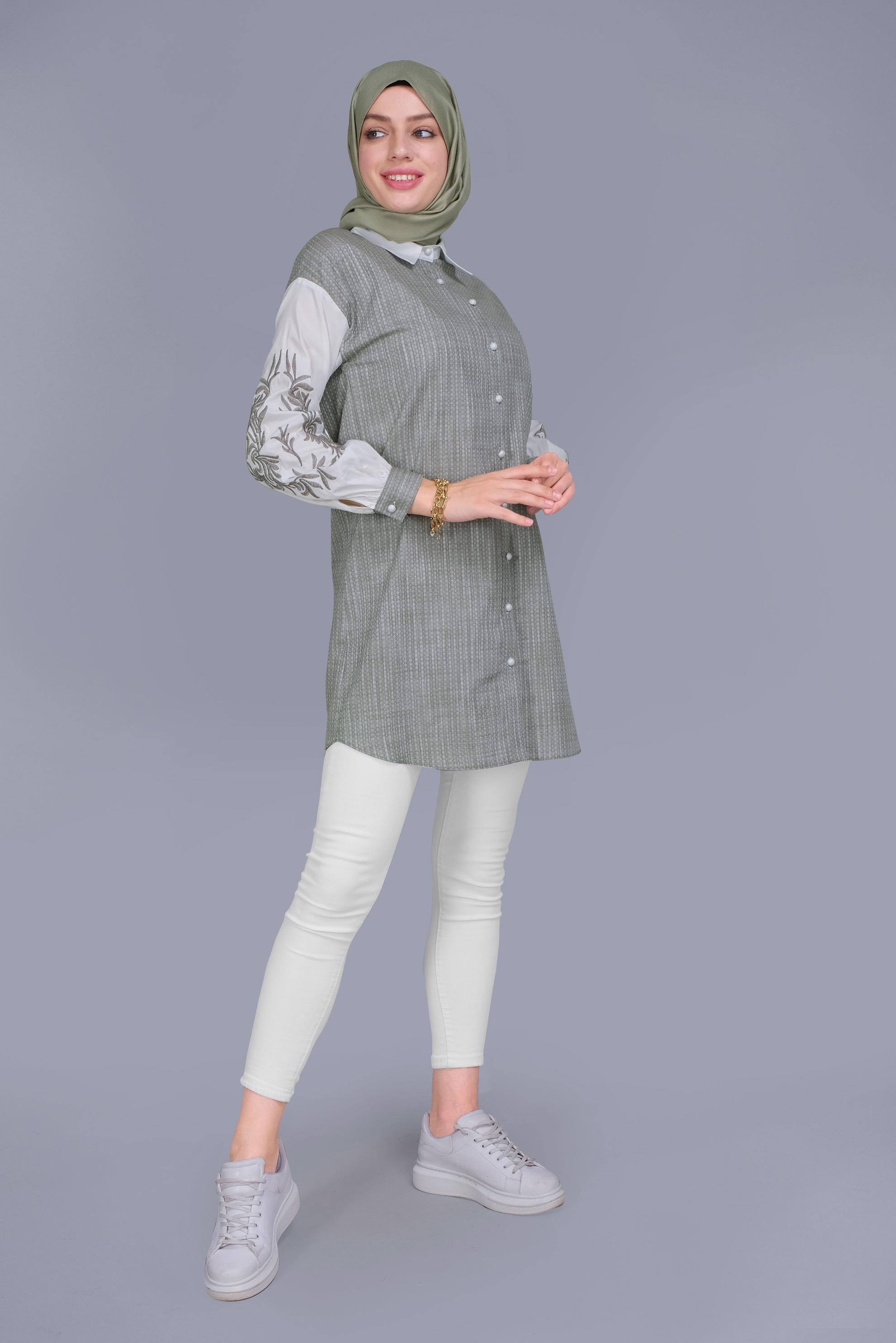 Tesettür giyim HAKİ NAKIŞ DETAYLI KIÇILLI TUNİK 41703