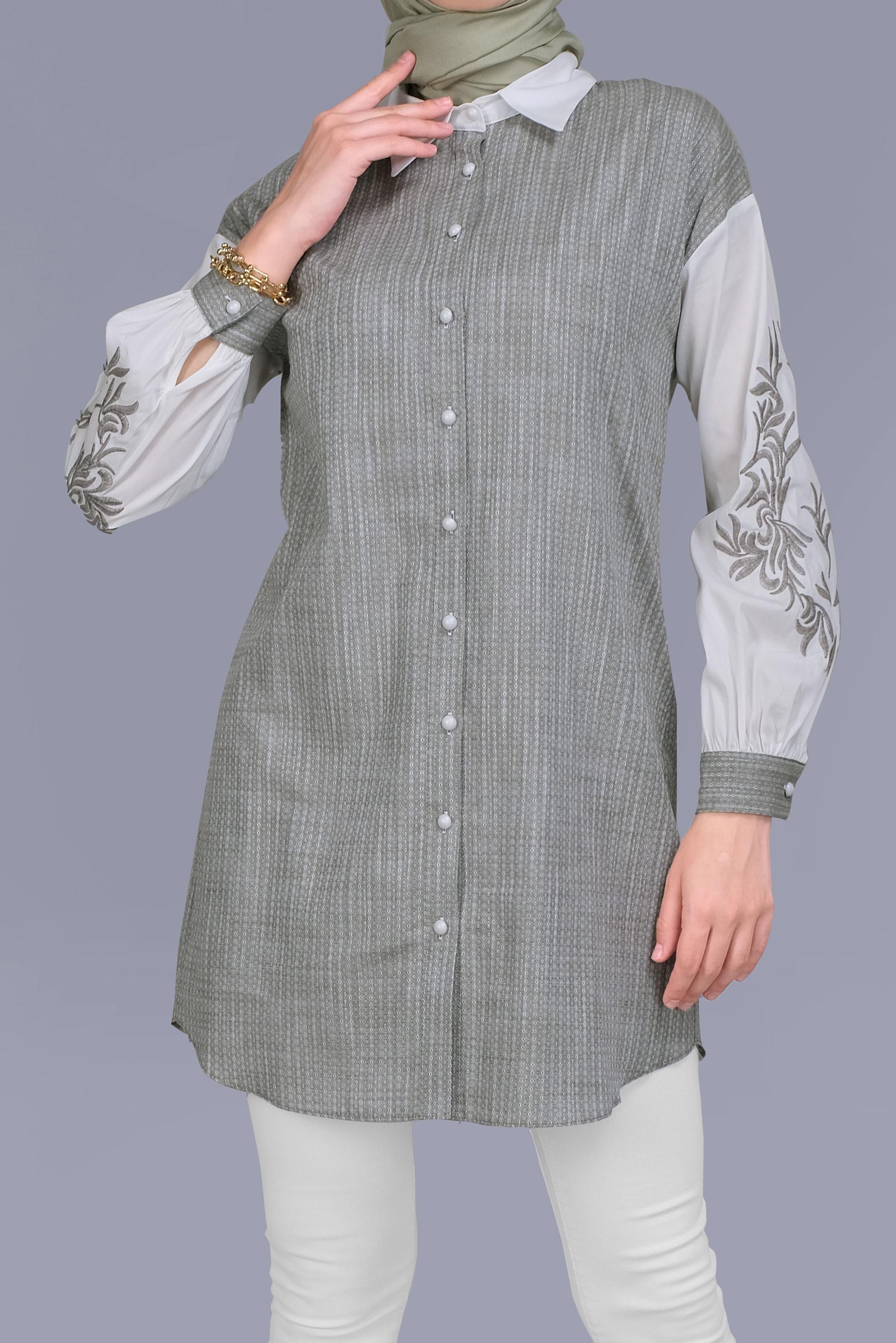 Tesettür giyim HAKİ NAKIŞ DETAYLI KIÇILLI TUNİK 41703