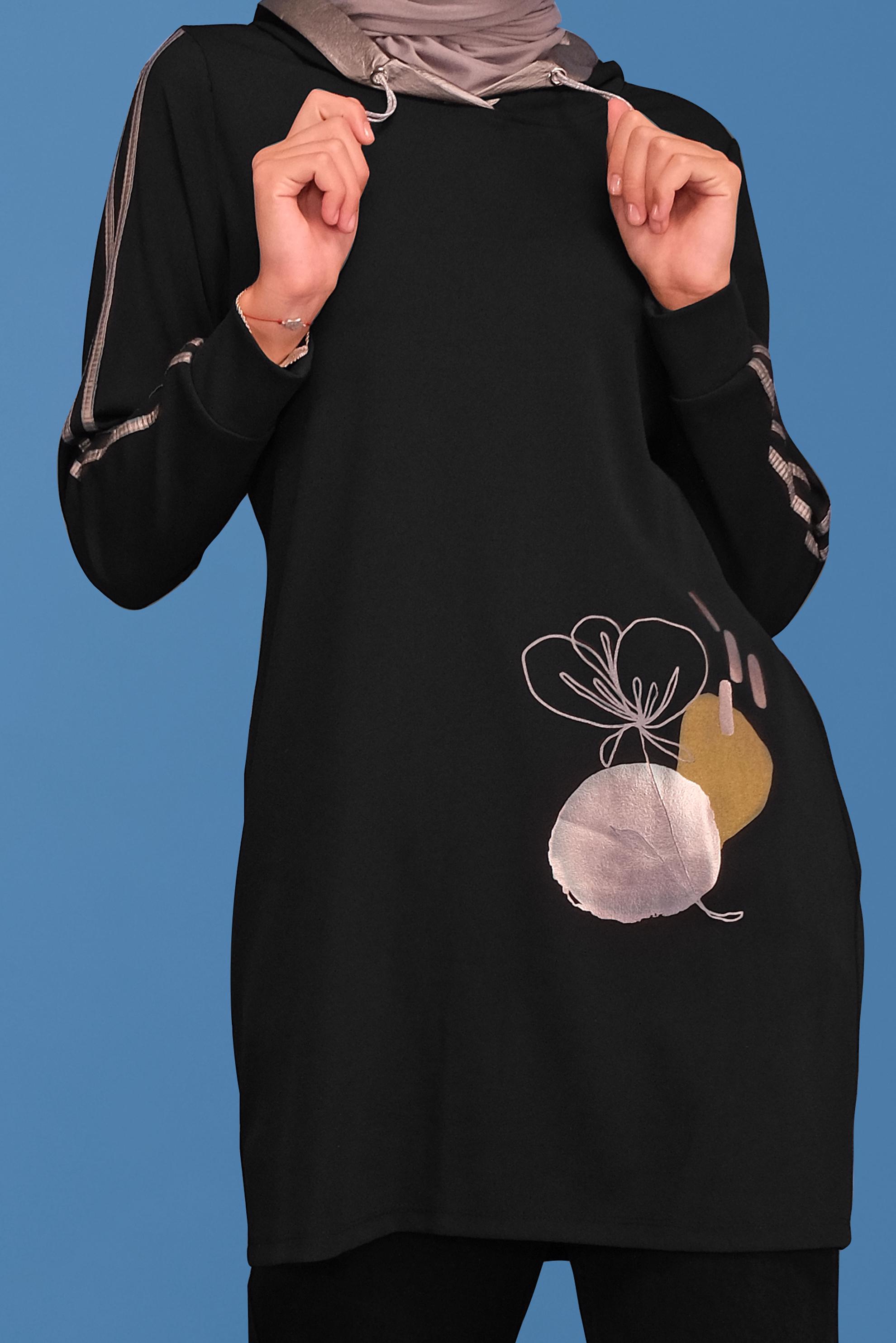 Tesettür giyim SİYAH YALDIZ BASKILI KAPÜŞONLU TUNİK 41705