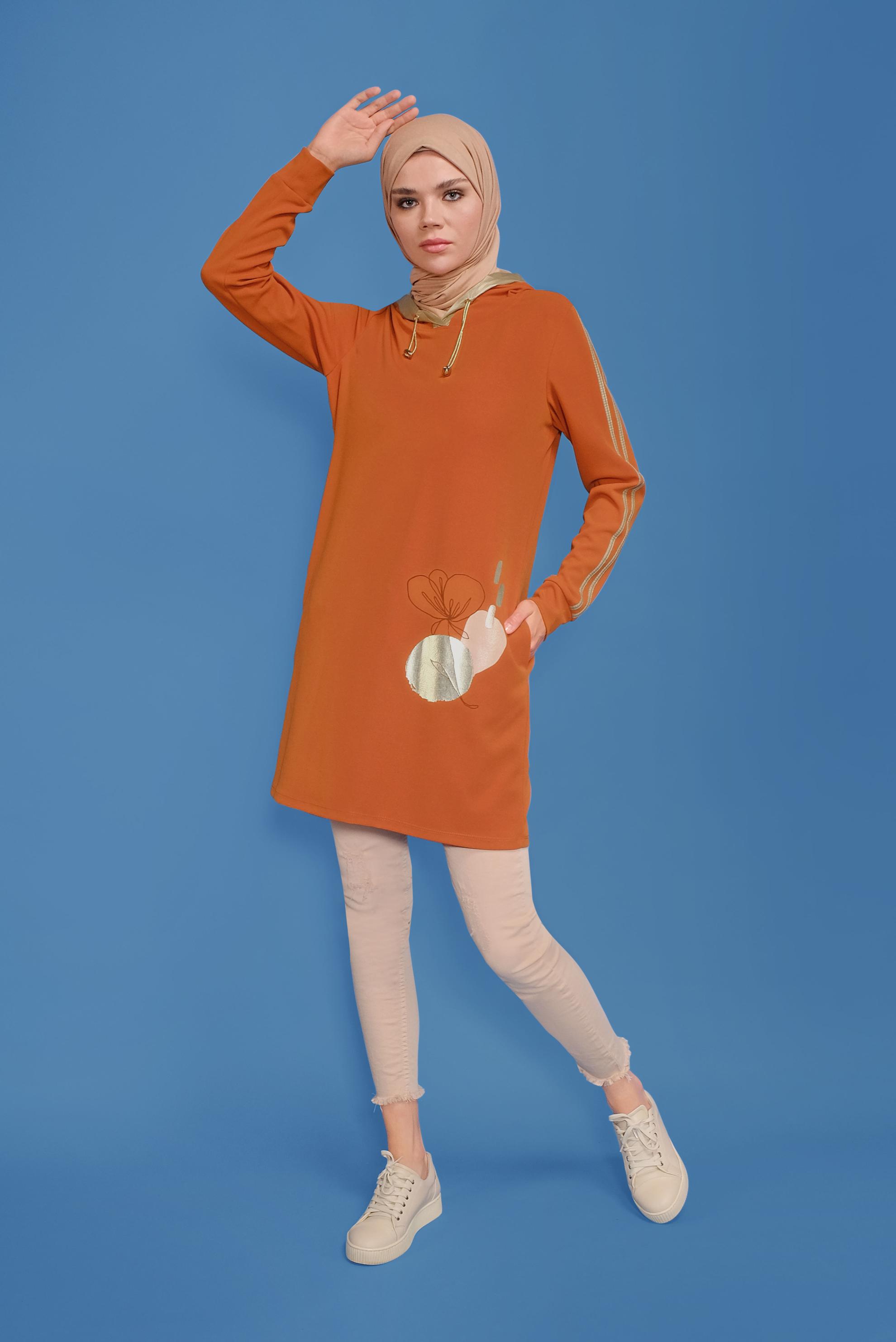 Tesettür giyim TURUNCU YALDIZ BASKILI KAPÜŞONLU TUNİK 41705