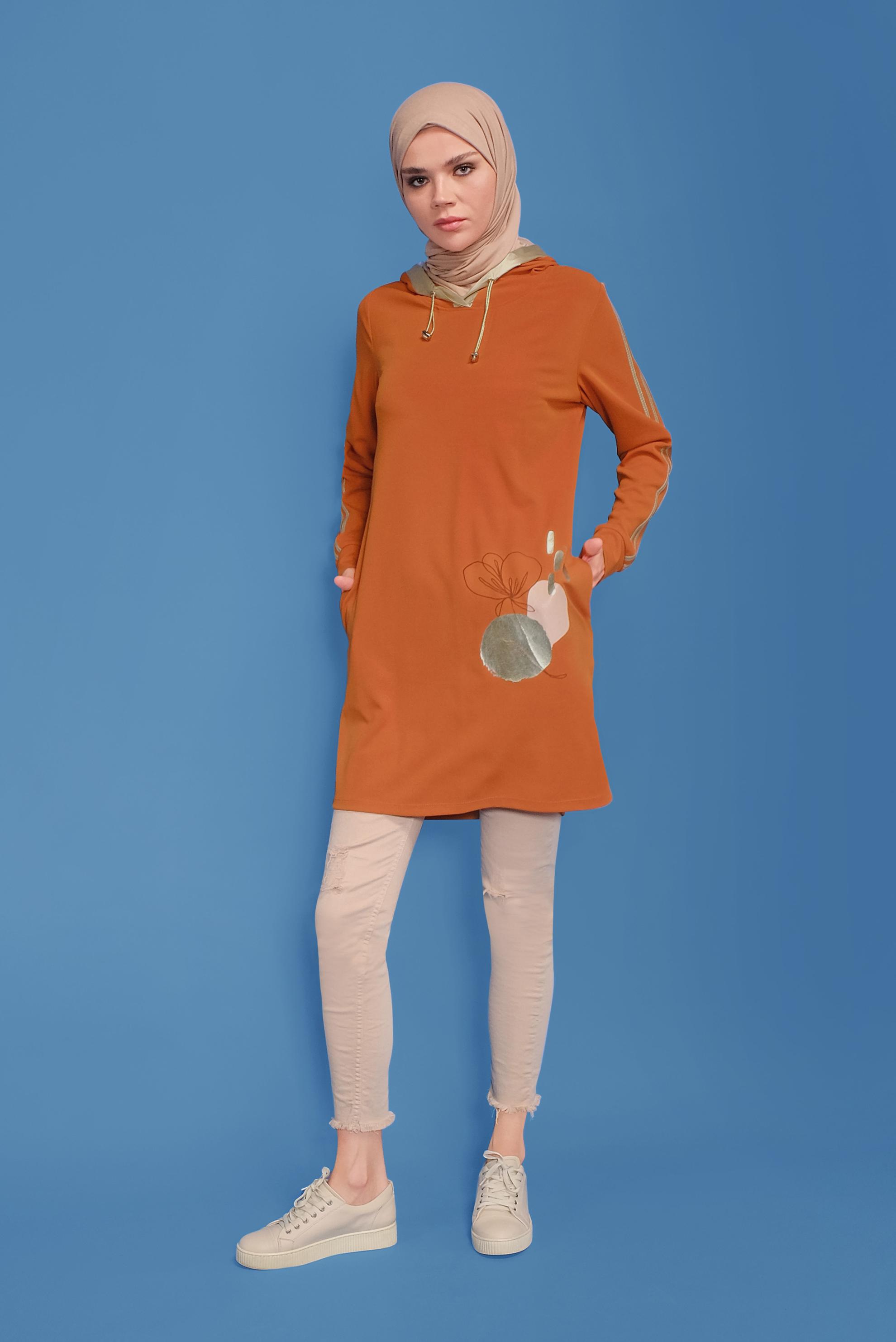 Tesettür giyim TURUNCU YALDIZ BASKILI KAPÜŞONLU TUNİK 41705
