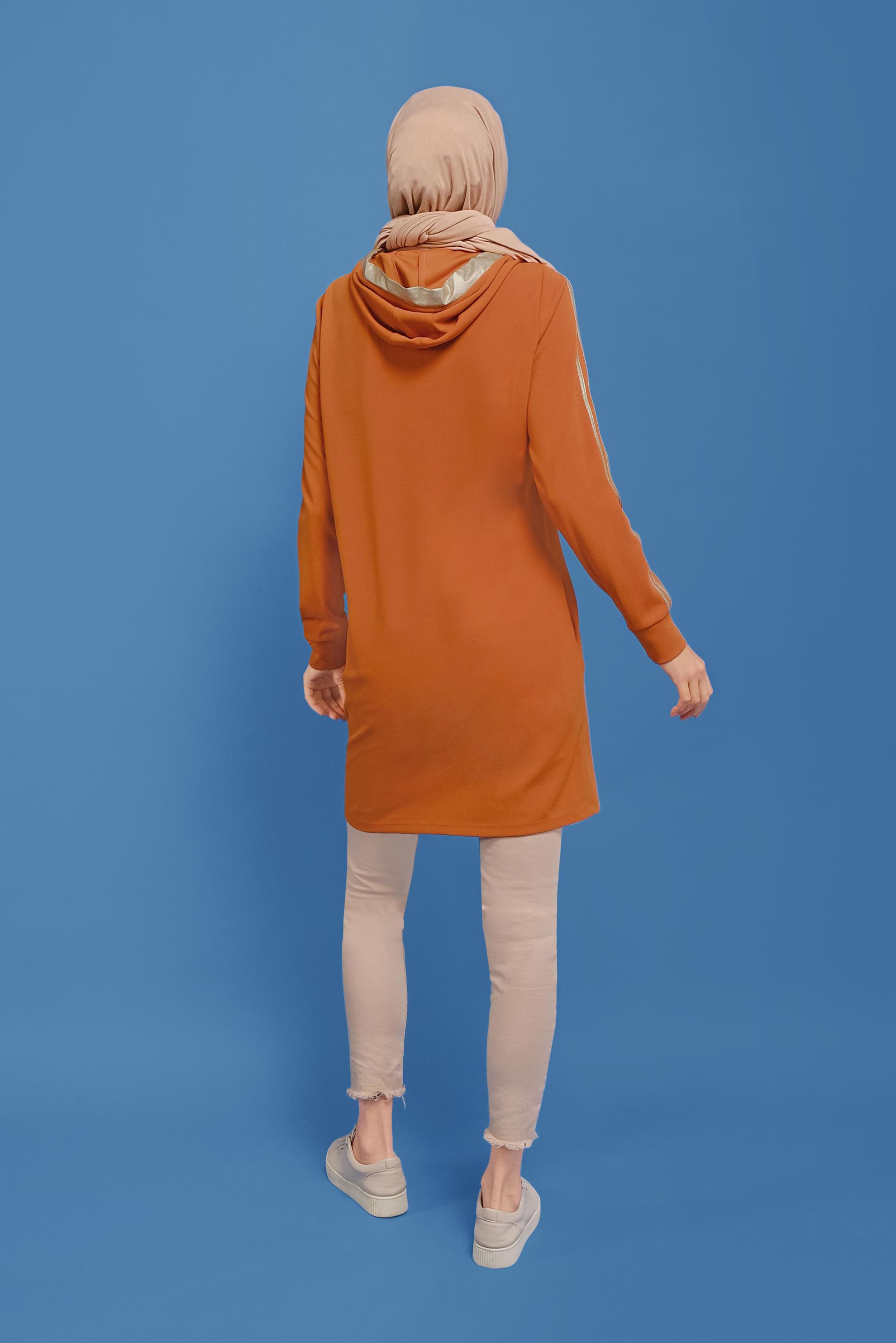 Tesettür giyim TURUNCU YALDIZ BASKILI KAPÜŞONLU TUNİK 41705