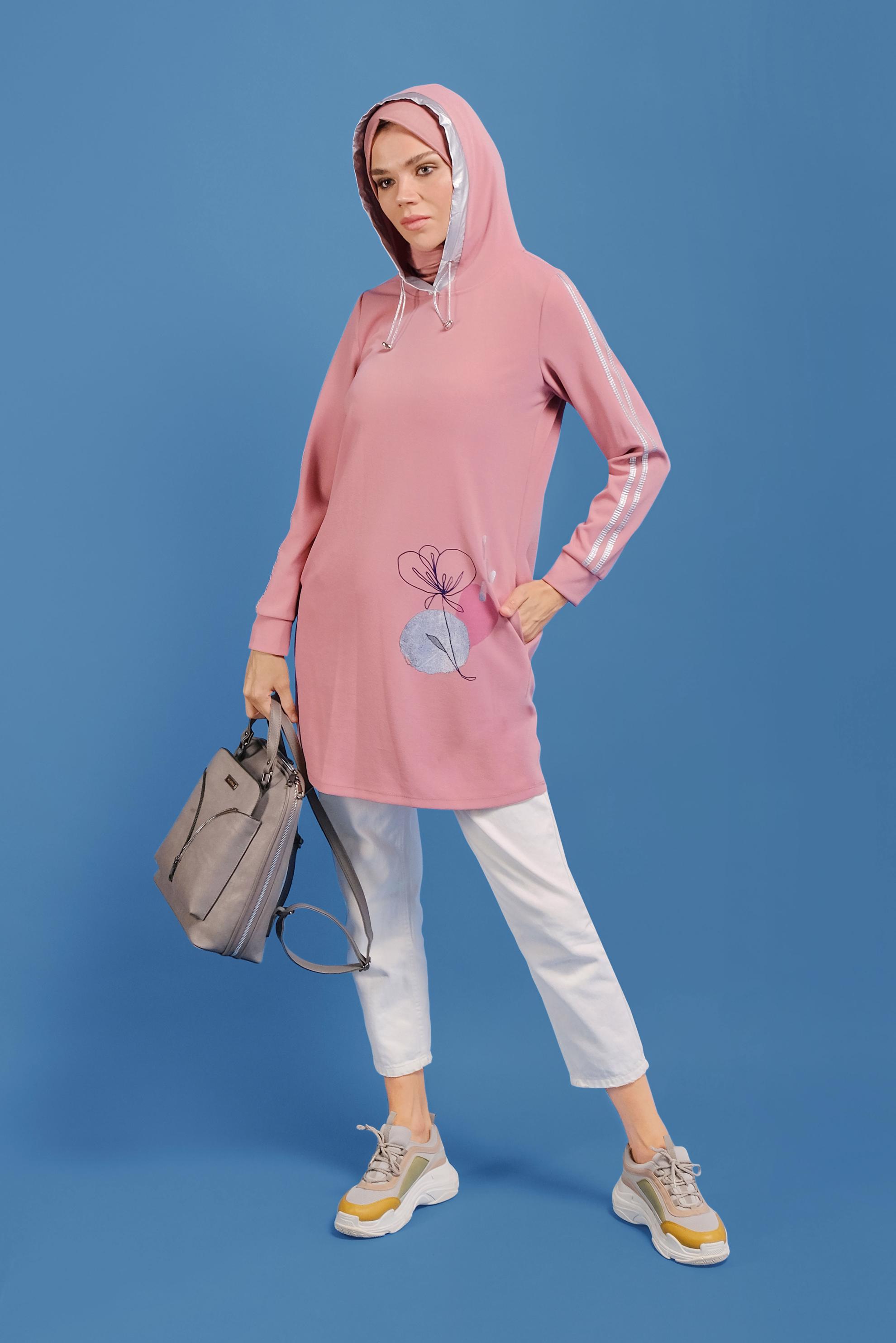 Tesettür giyim PUDRA YALDIZ BASKILI KAPÜŞONLU TUNİK 41705