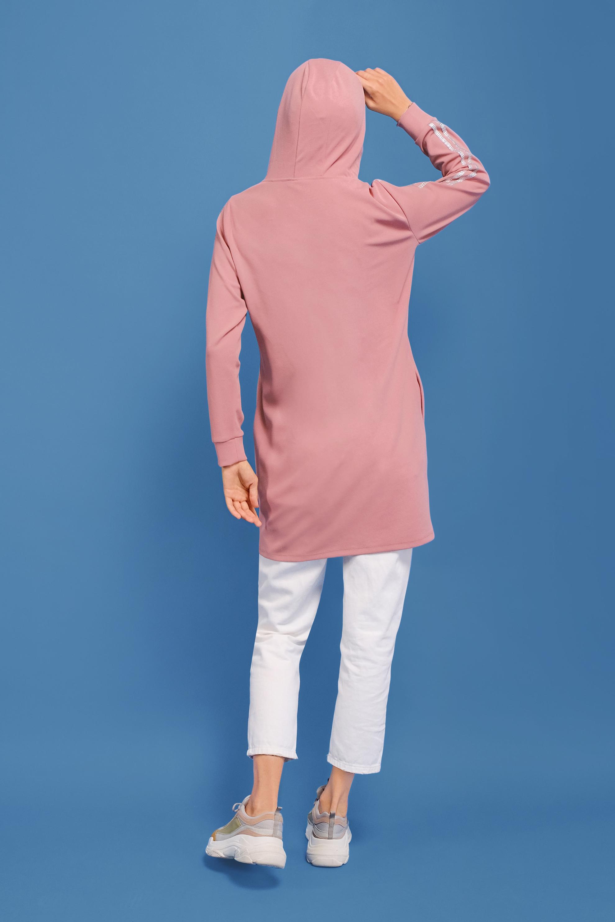 Tesettür giyim PUDRA YALDIZ BASKILI KAPÜŞONLU TUNİK 41705