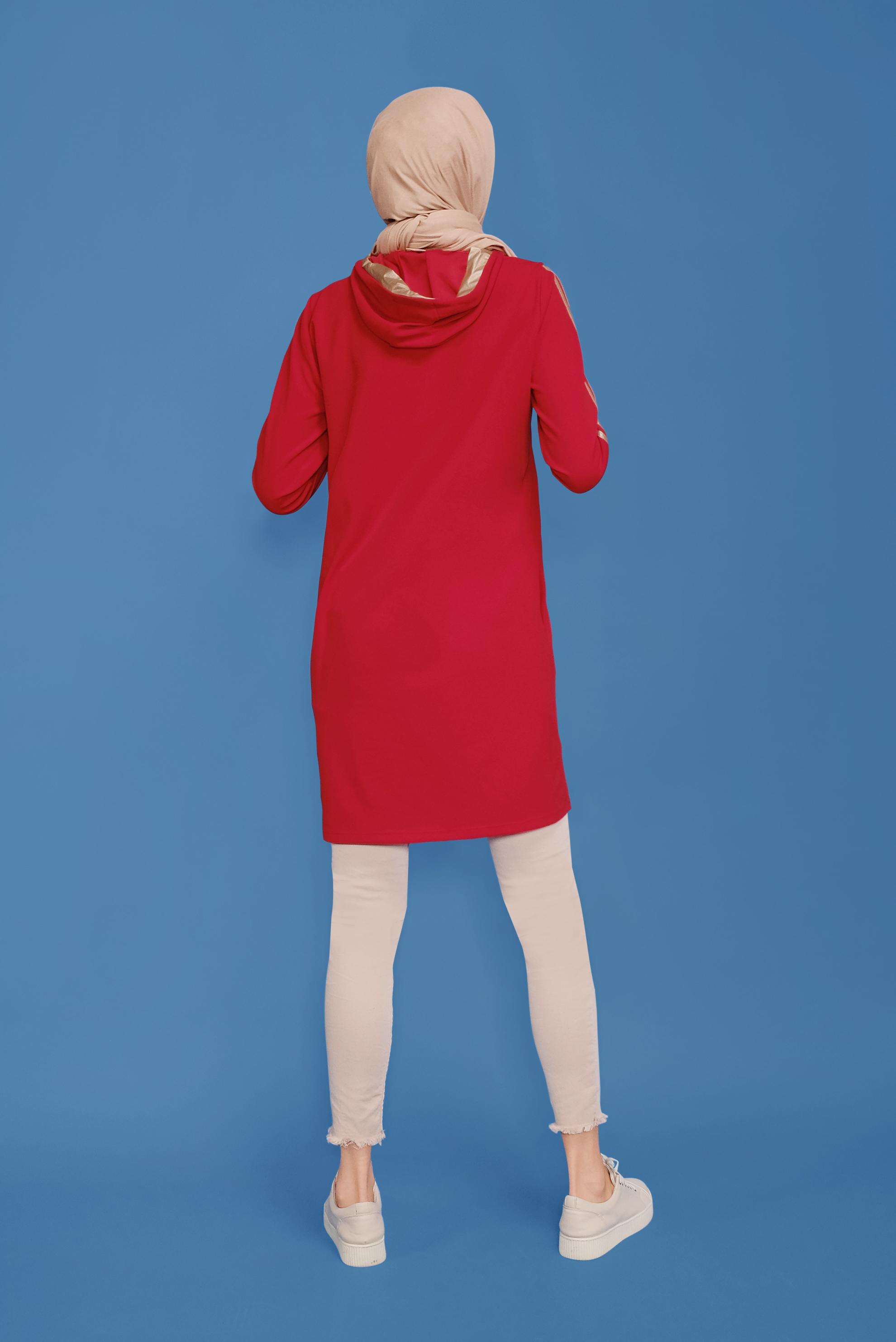 Tesettür giyim KIRMIZI YALDIZ BASKILI KAPÜŞONLU TUNİK 41705