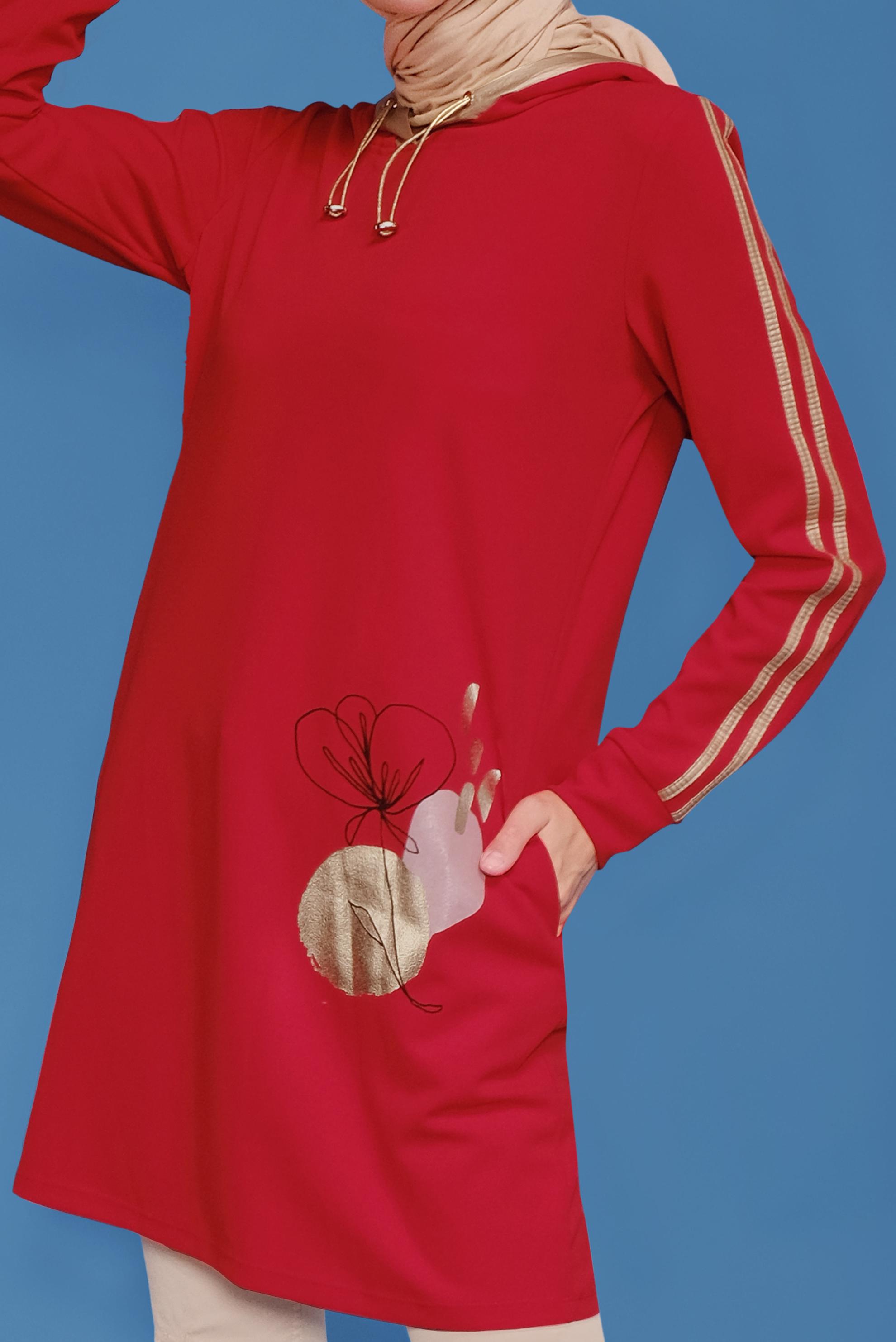 Tesettür giyim KIRMIZI YALDIZ BASKILI KAPÜŞONLU TUNİK 41705