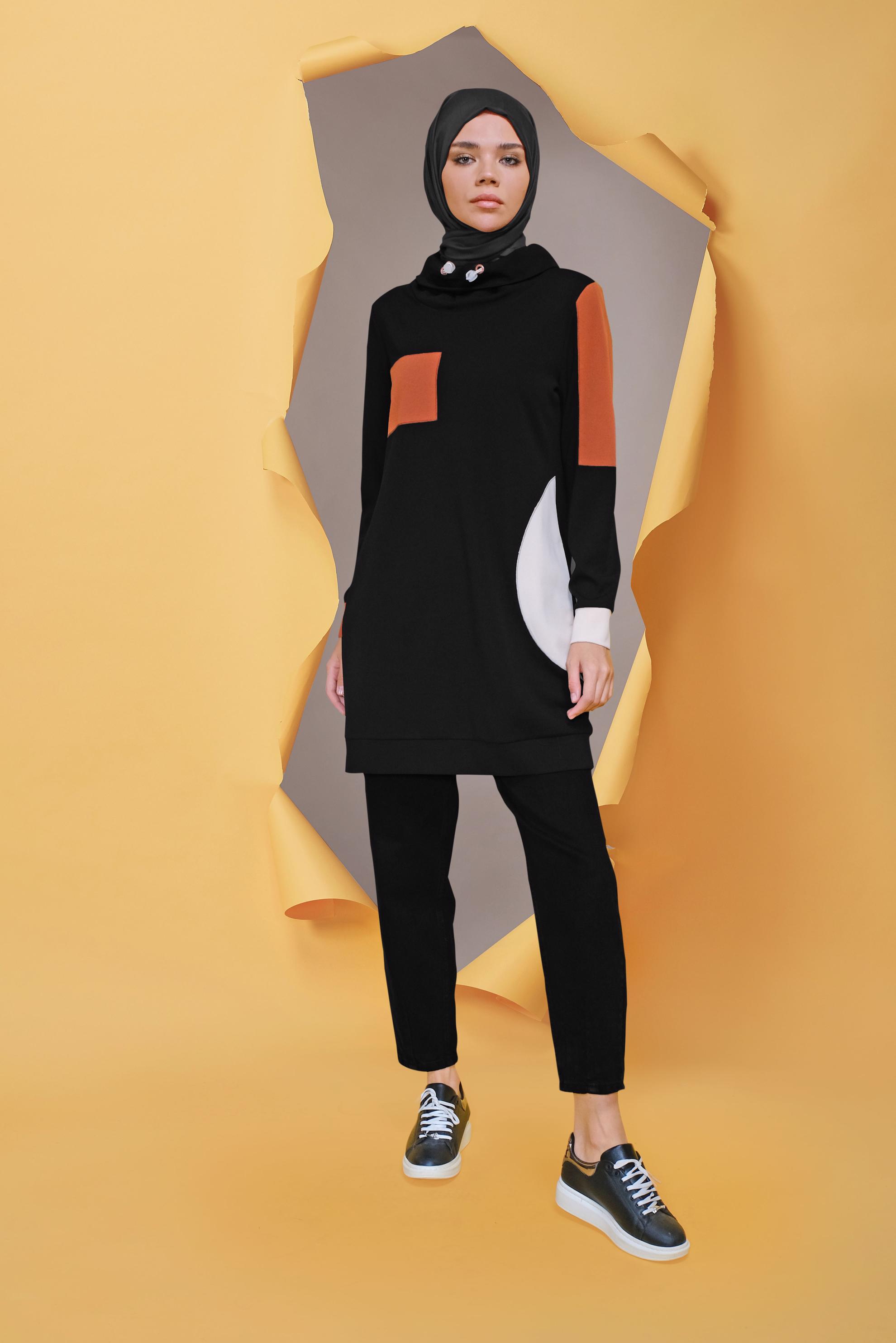 Tesettür giyim SİYAH BAĞCIKLI CEP DETAYLI TUNİK 41706 