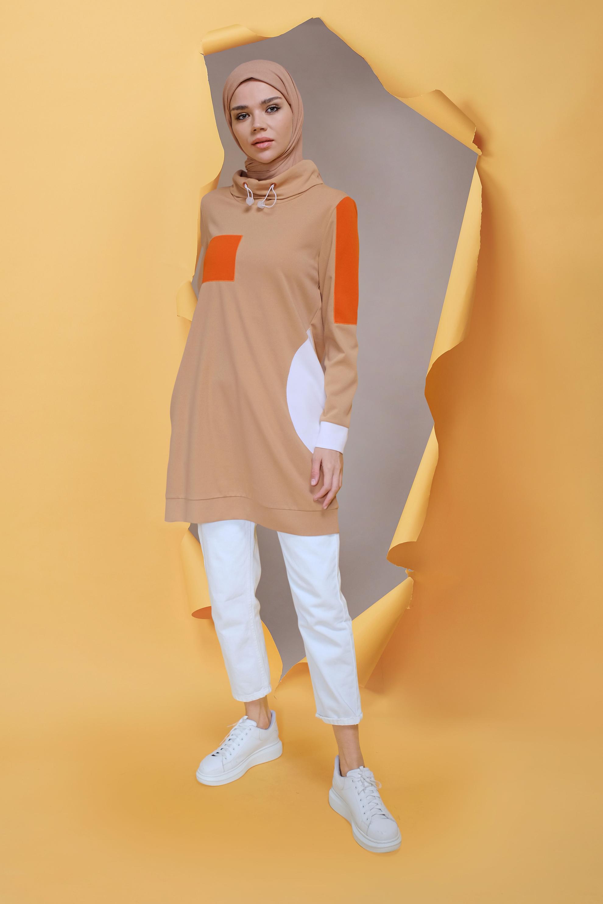 Tesettür giyim BEJ BAĞCIKLI CEP DETAYLI TUNİK 41706 