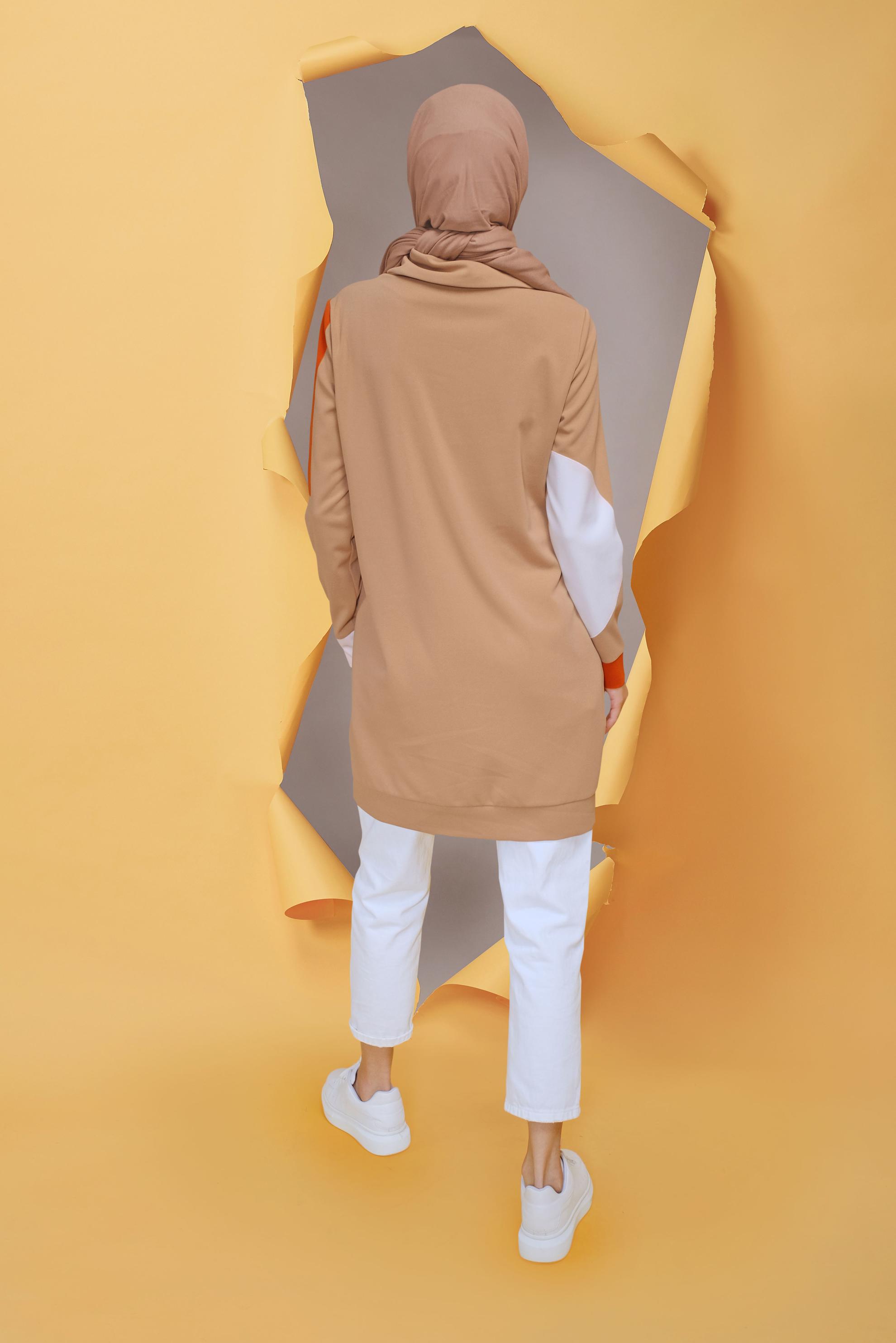 Tesettür giyim BEJ BAĞCIKLI CEP DETAYLI TUNİK 41706 