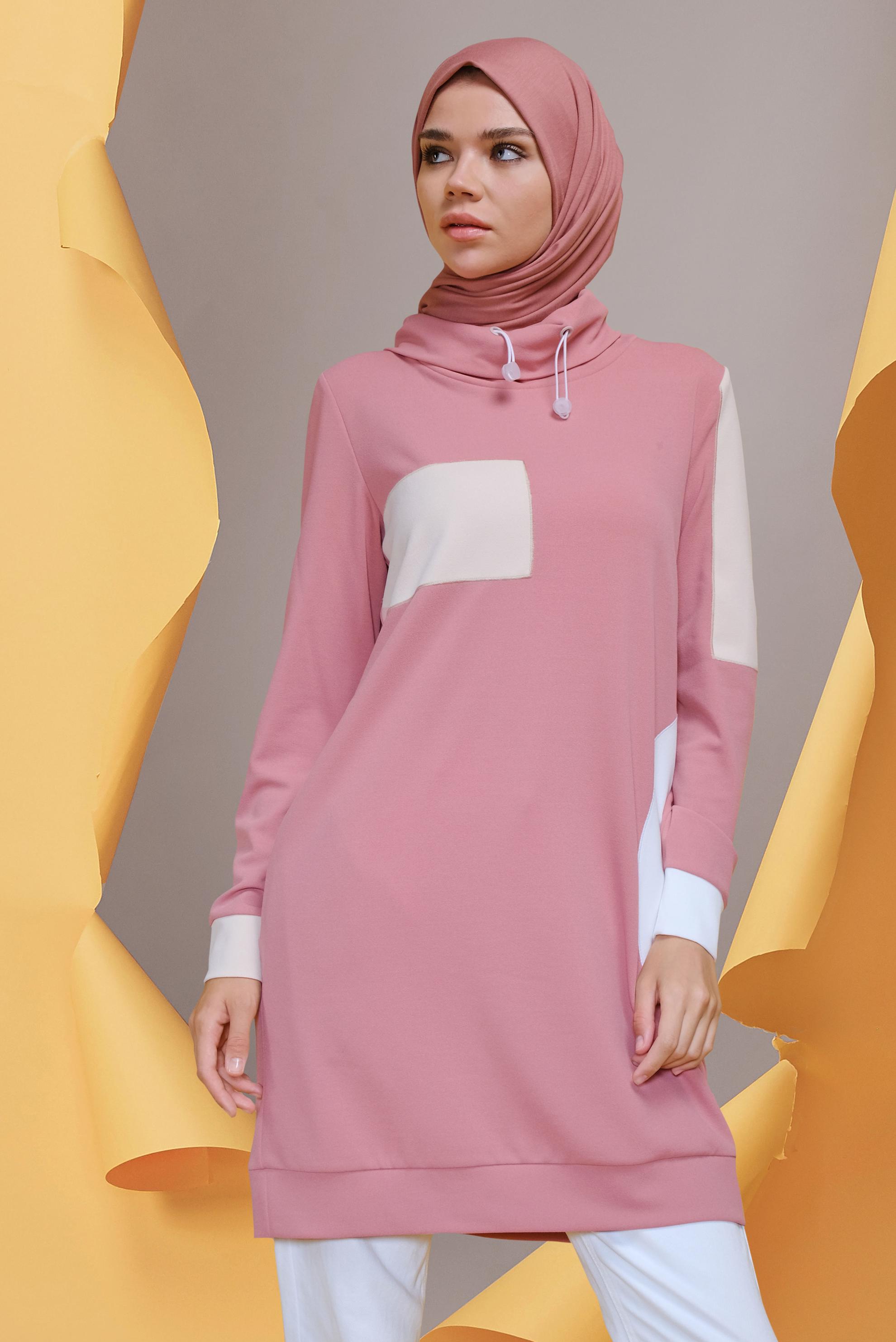 Tesettür giyim PUDRA BAĞCIKLI CEP DETAYLI TUNİK 41706 