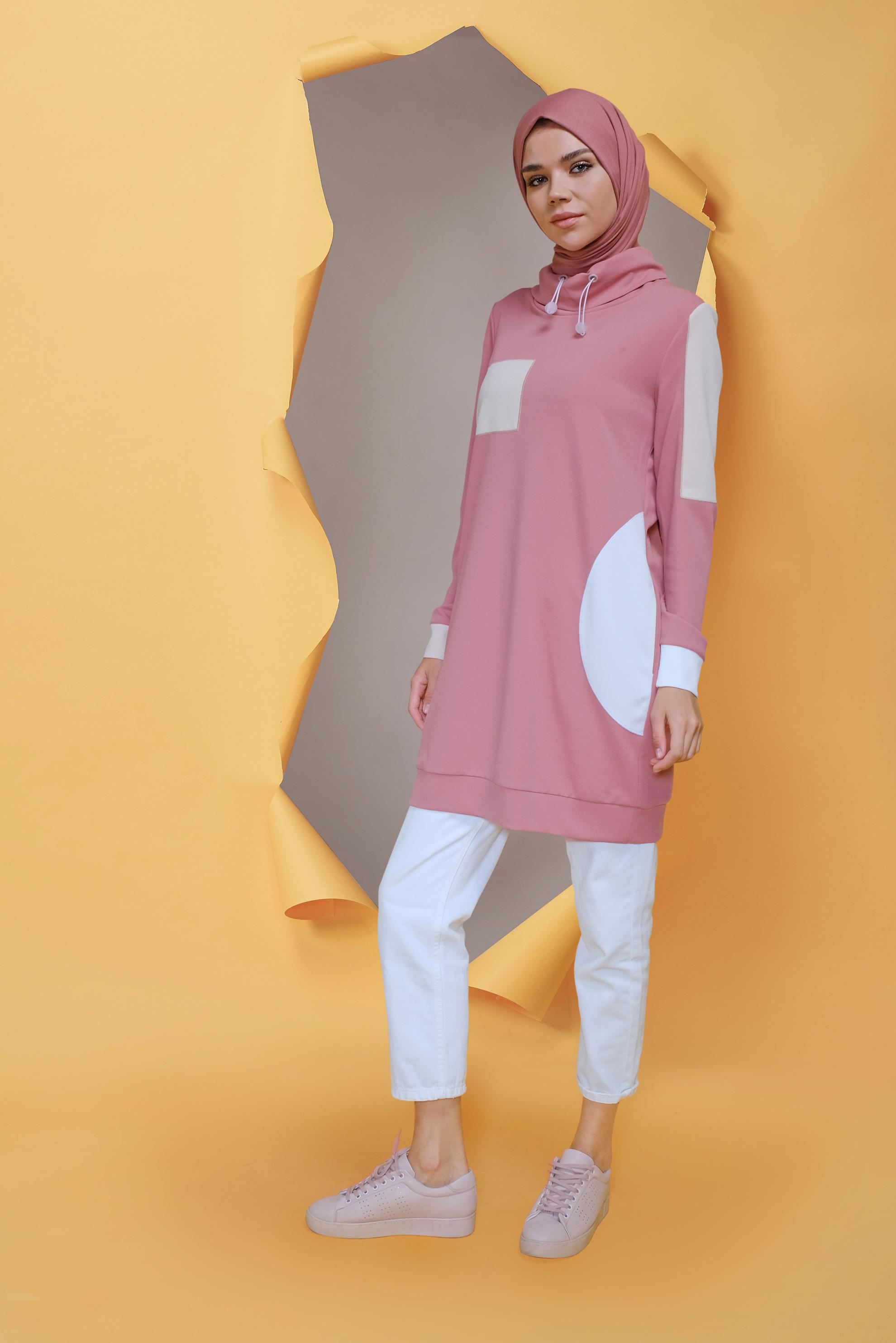 Tesettür giyim PUDRA BAĞCIKLI CEP DETAYLI TUNİK 41706 