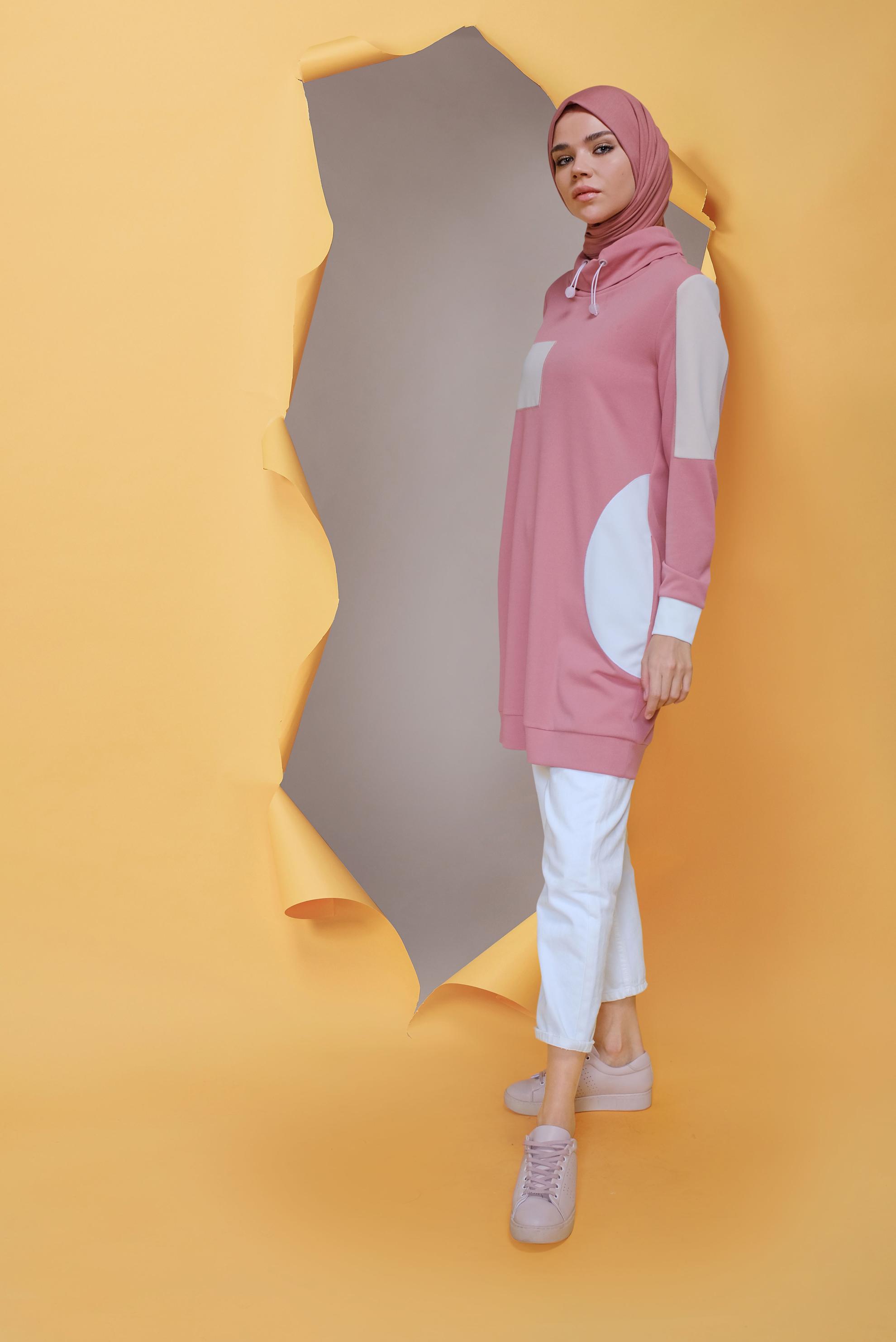 Tesettür giyim PUDRA BAĞCIKLI CEP DETAYLI TUNİK 41706 