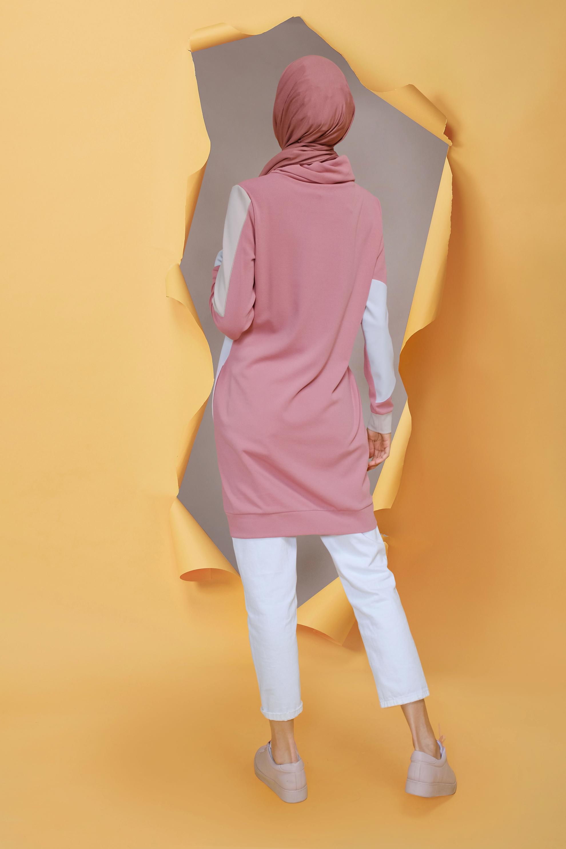 Tesettür giyim PUDRA BAĞCIKLI CEP DETAYLI TUNİK 41706 