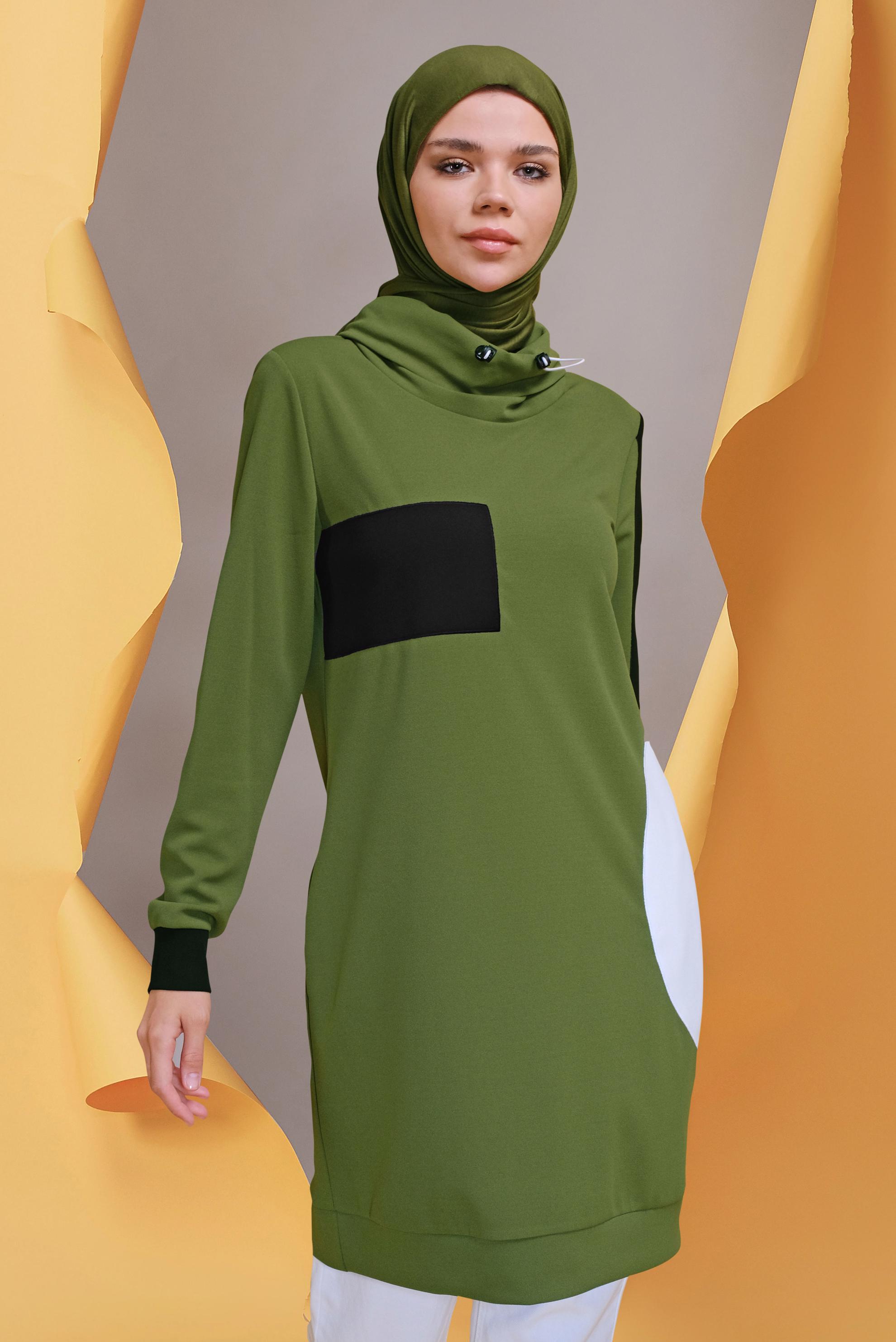 Tesettür giyim YEŞİL BAĞCIKLI CEP DETAYLI TUNİK 41706 