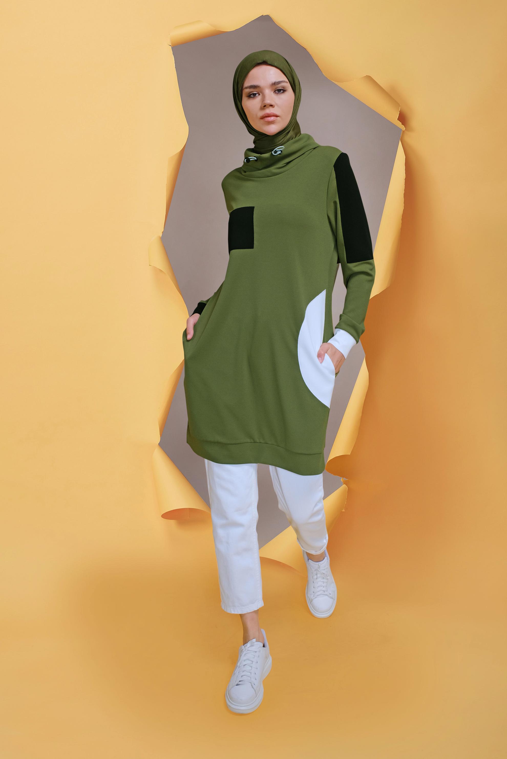 Tesettür giyim YEŞİL BAĞCIKLI CEP DETAYLI TUNİK 41706 