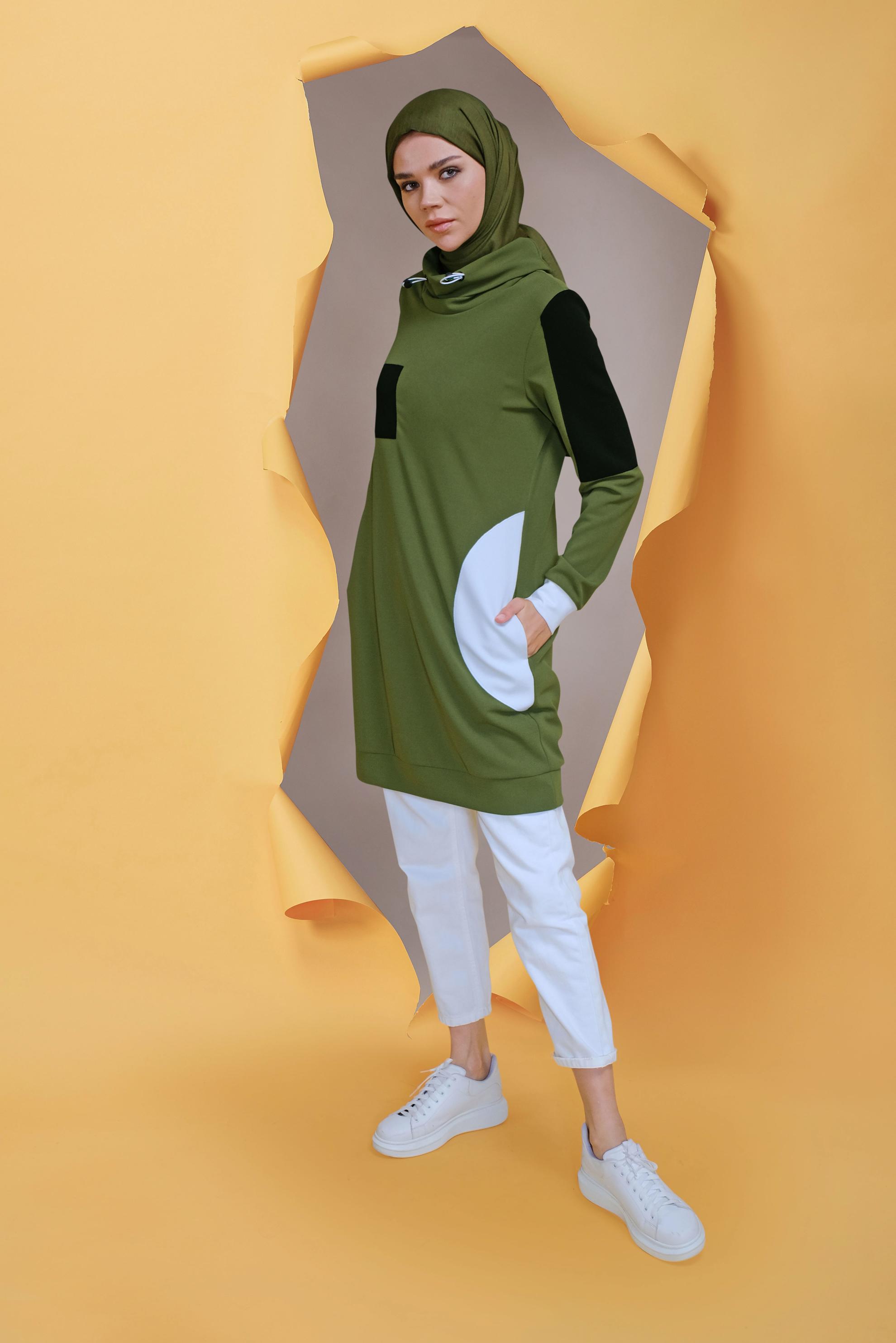 Tesettür giyim YEŞİL BAĞCIKLI CEP DETAYLI TUNİK 41706 