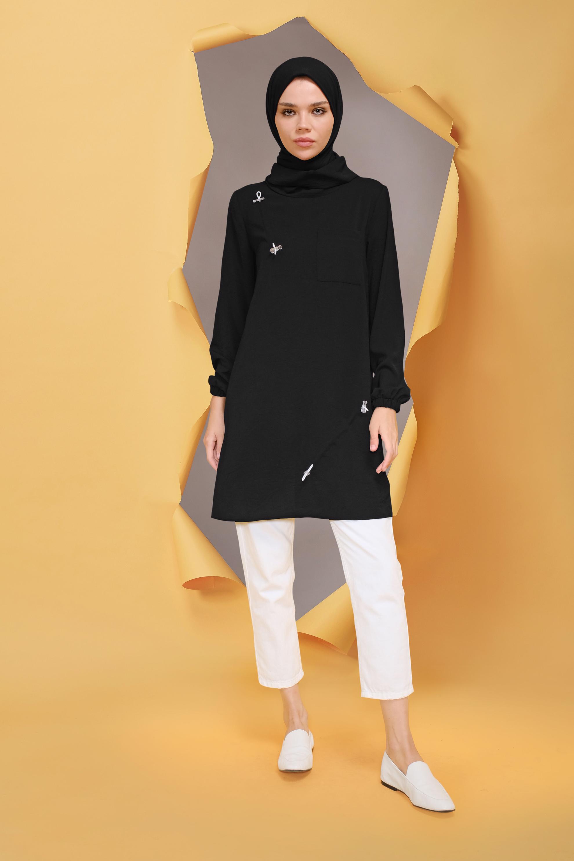 Tesettür giyim SİYAH BOĞAZLI BİLEKTEN SIKMALI TUNİK 41724 