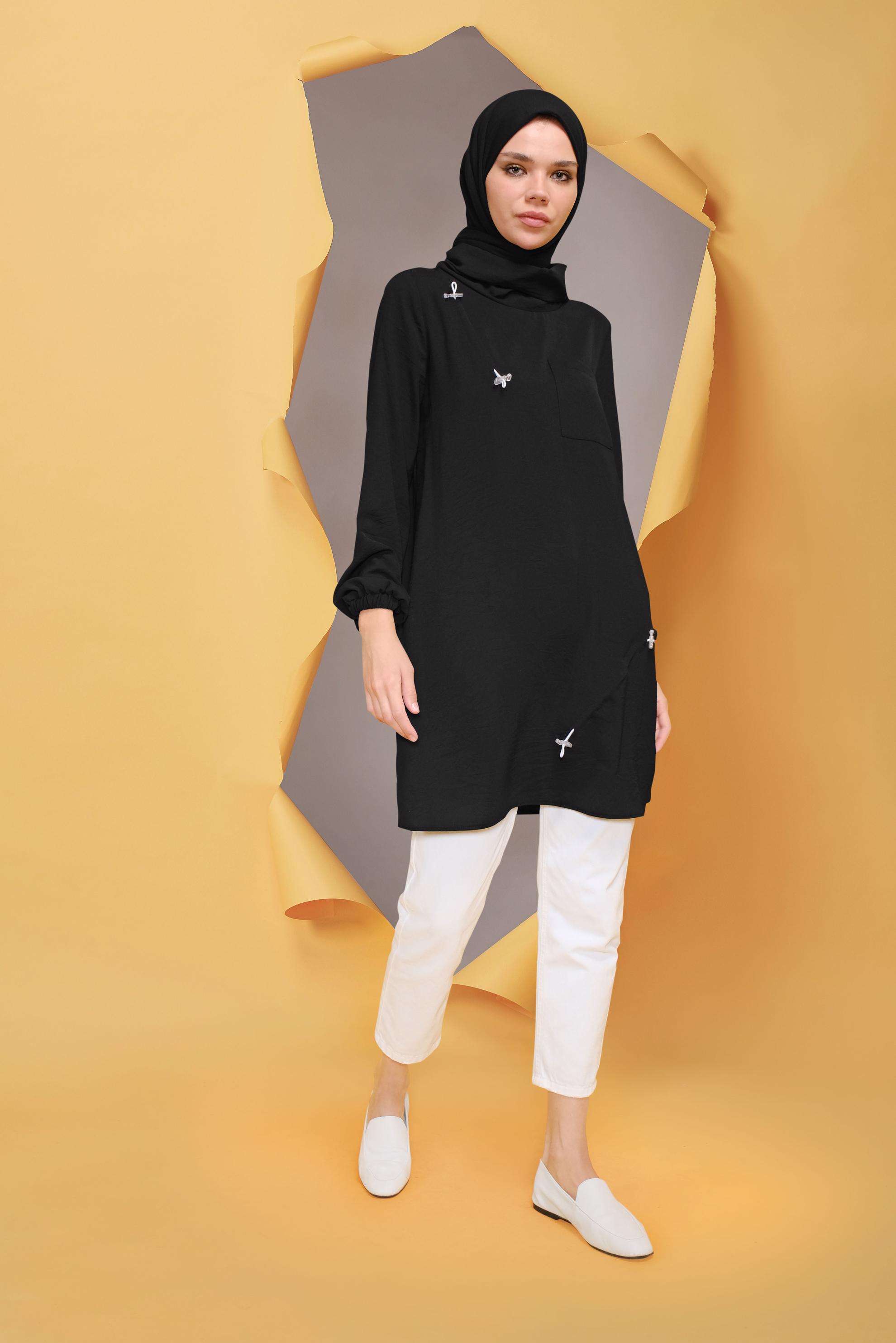 Tesettür giyim SİYAH BOĞAZLI BİLEKTEN SIKMALI TUNİK 41724 