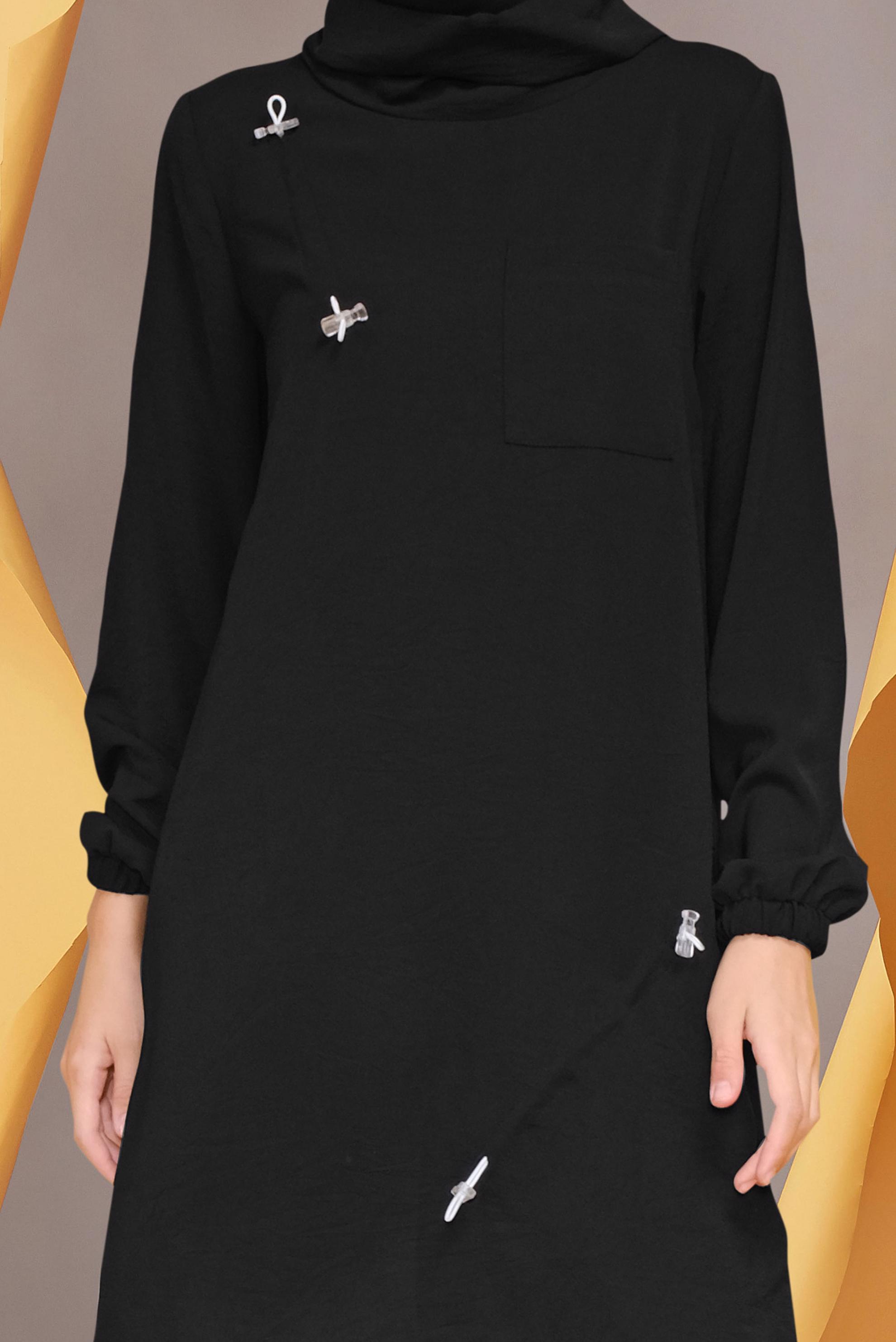 Tesettür giyim SİYAH BOĞAZLI BİLEKTEN SIKMALI TUNİK 41724 