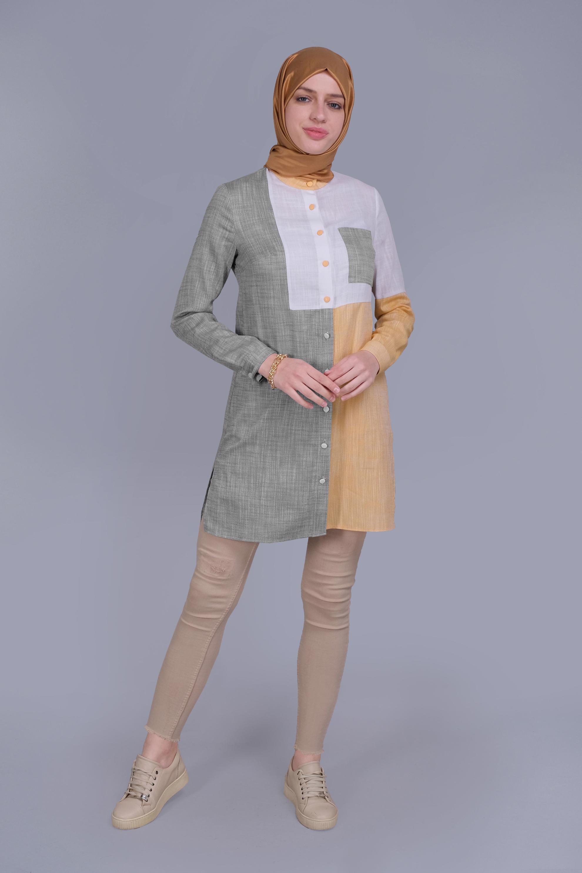 Tesettür giyim HAKİ DÜĞMELİ PARÇALI CEPLİ TUNİK 41725 