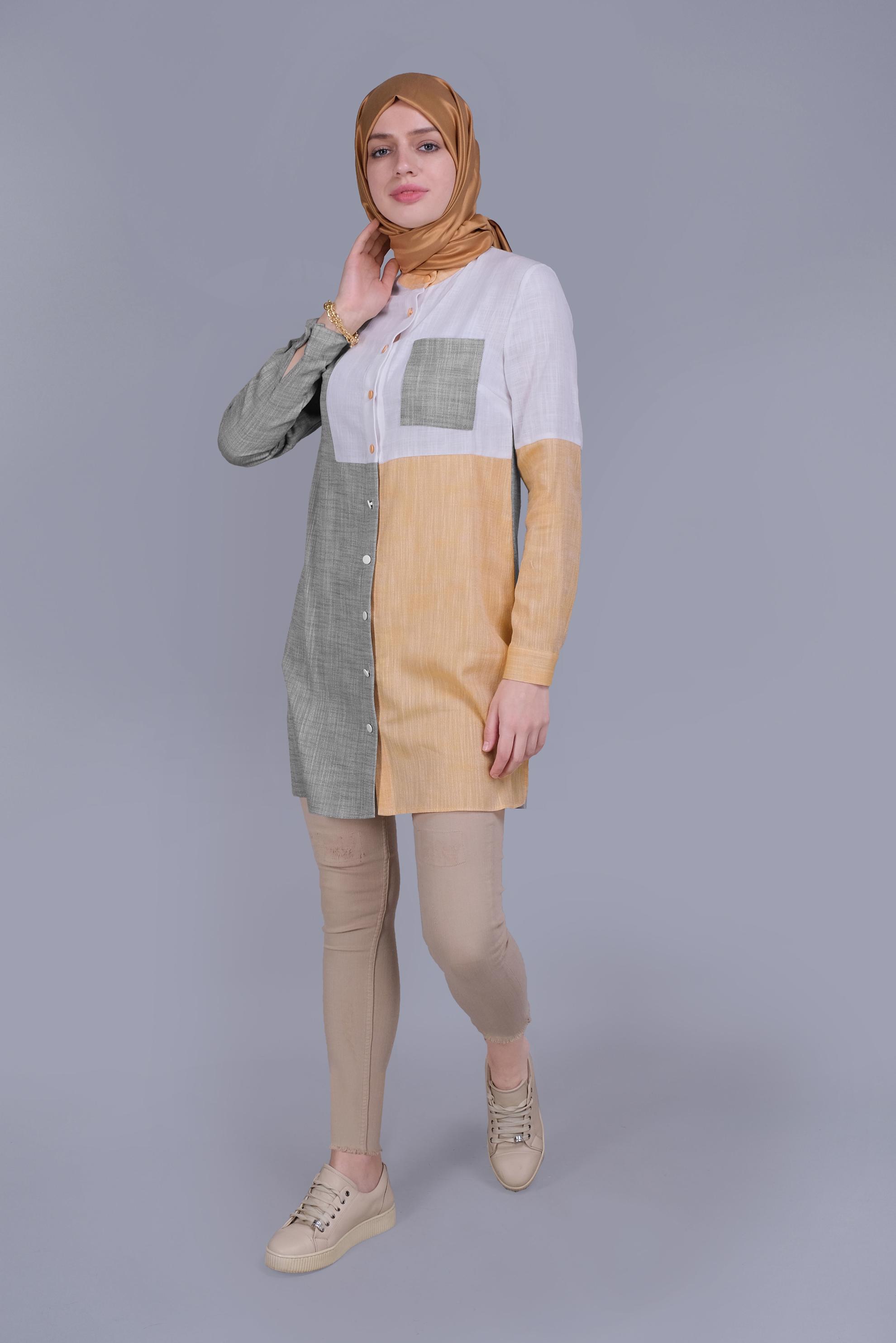 Tesettür giyim HAKİ DÜĞMELİ PARÇALI CEPLİ TUNİK 41725 