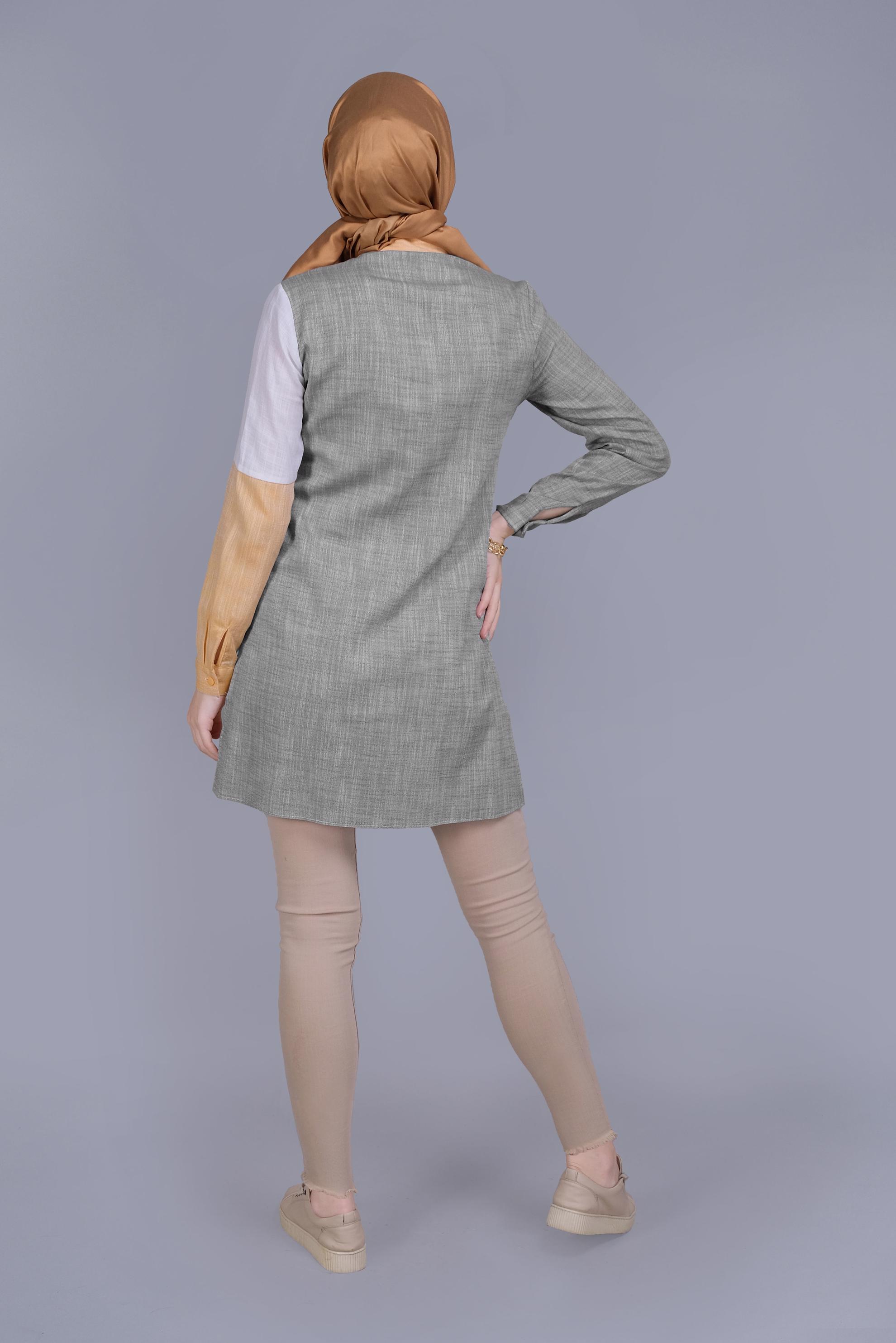 Tesettür giyim HAKİ DÜĞMELİ PARÇALI CEPLİ TUNİK 41725 