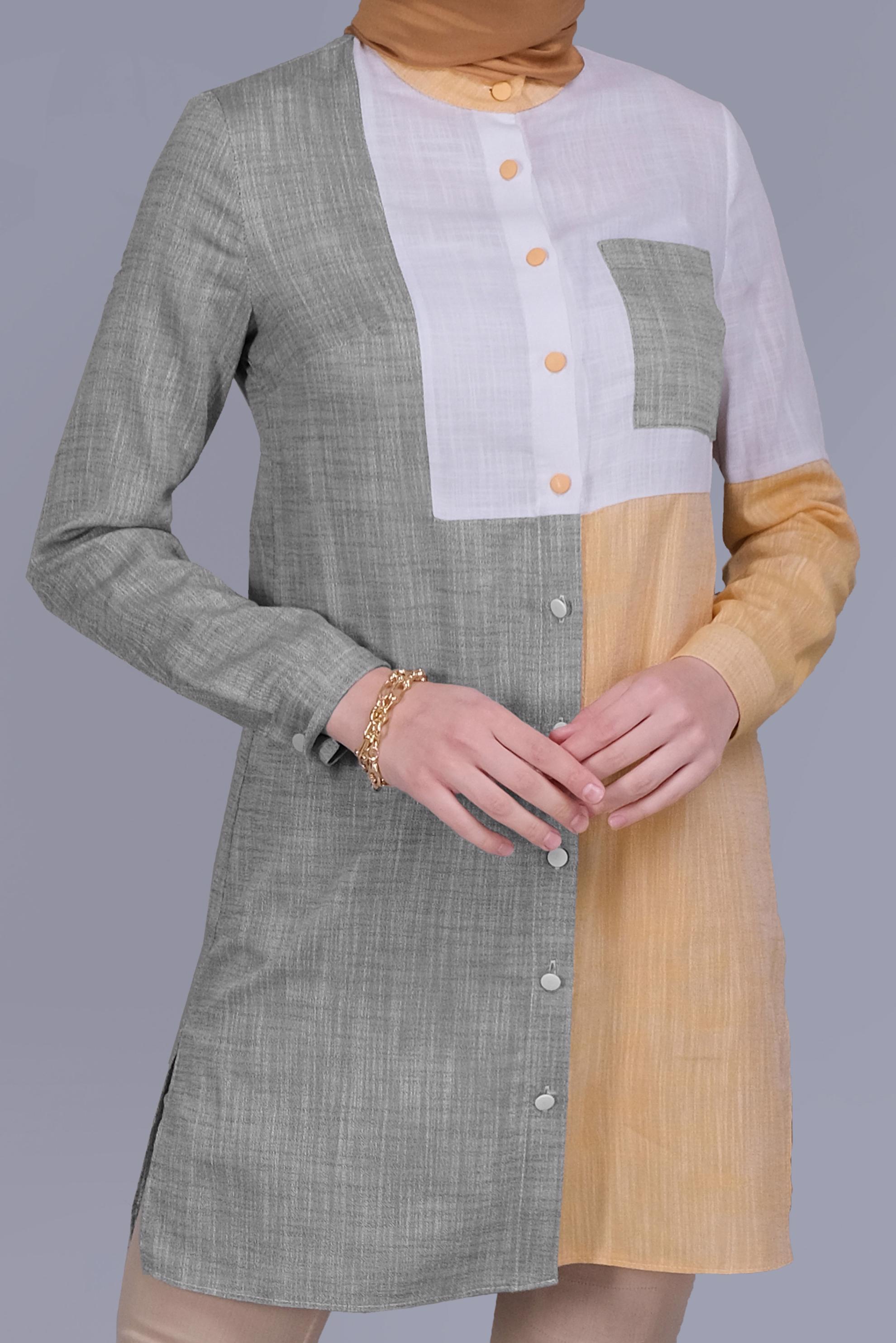 Tesettür giyim HAKİ DÜĞMELİ PARÇALI CEPLİ TUNİK 41725 