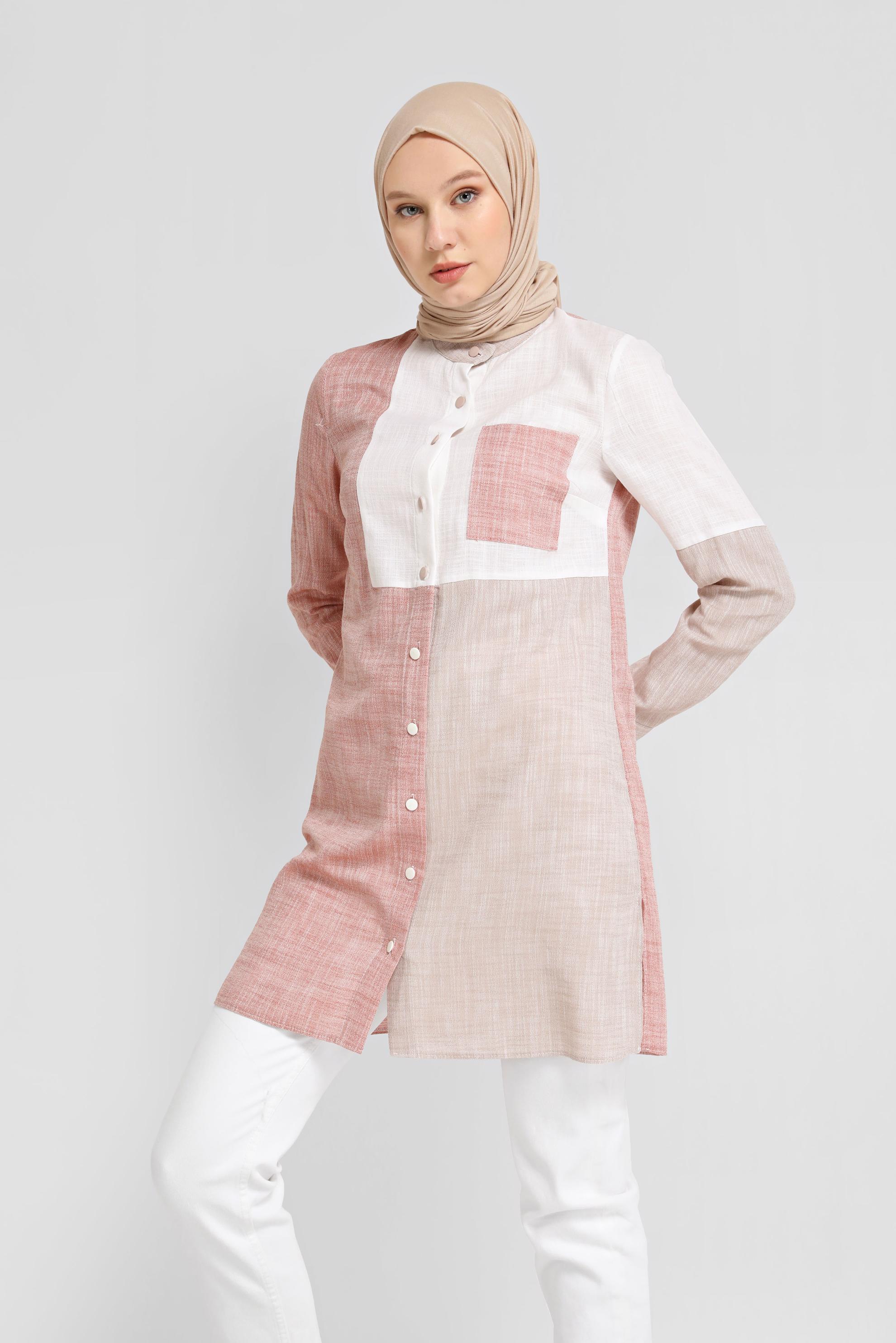 Tesettür giyim TURUNCU DÜĞMELİ PARÇALI CEPLİ TUNİK 41725 