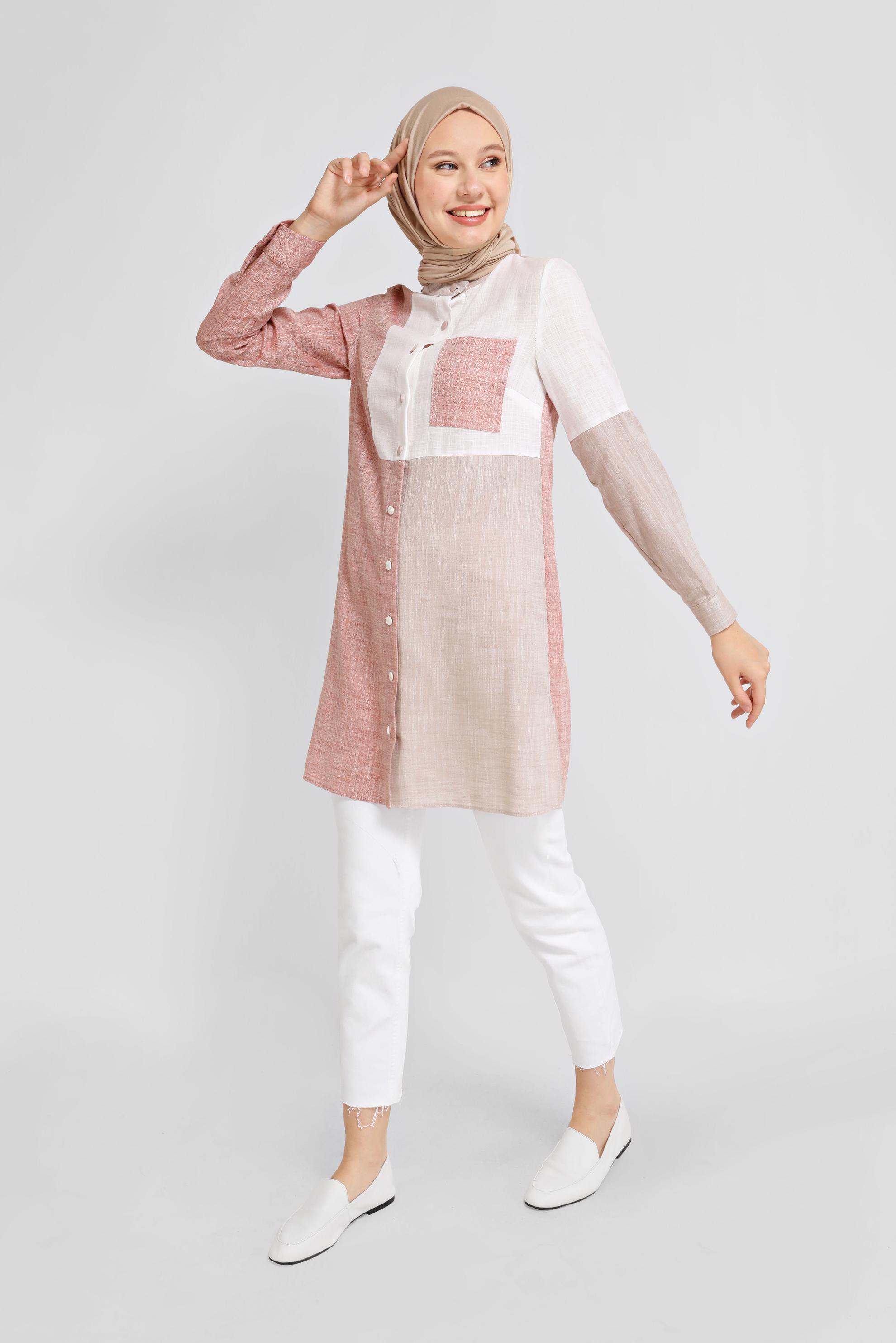 Tesettür giyim TURUNCU DÜĞMELİ PARÇALI CEPLİ TUNİK 41725 