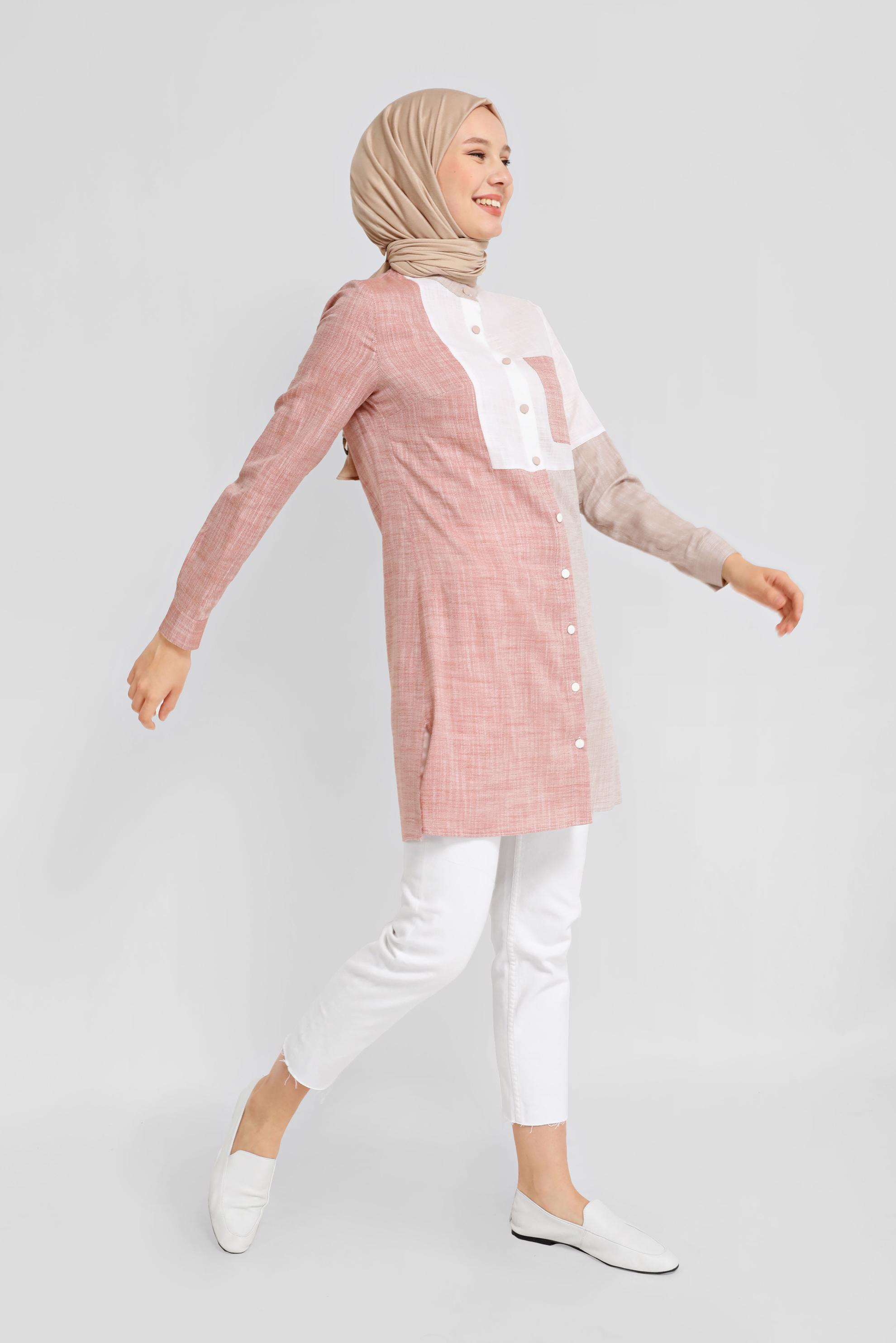 Tesettür giyim TURUNCU DÜĞMELİ PARÇALI CEPLİ TUNİK 41725 