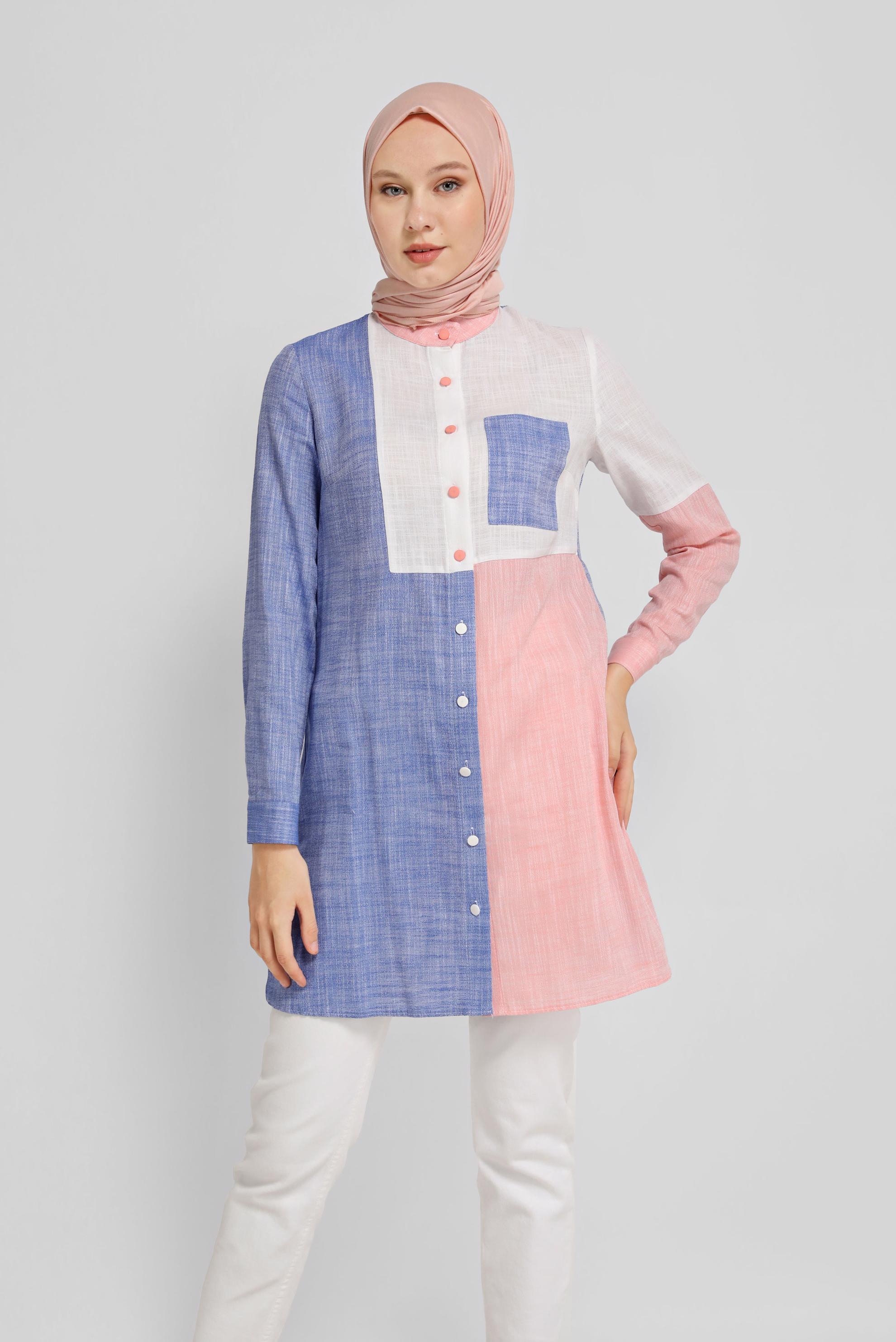 Tesettür giyim LACİVERT DÜĞMELİ PARÇALI CEPLİ TUNİK 41725 