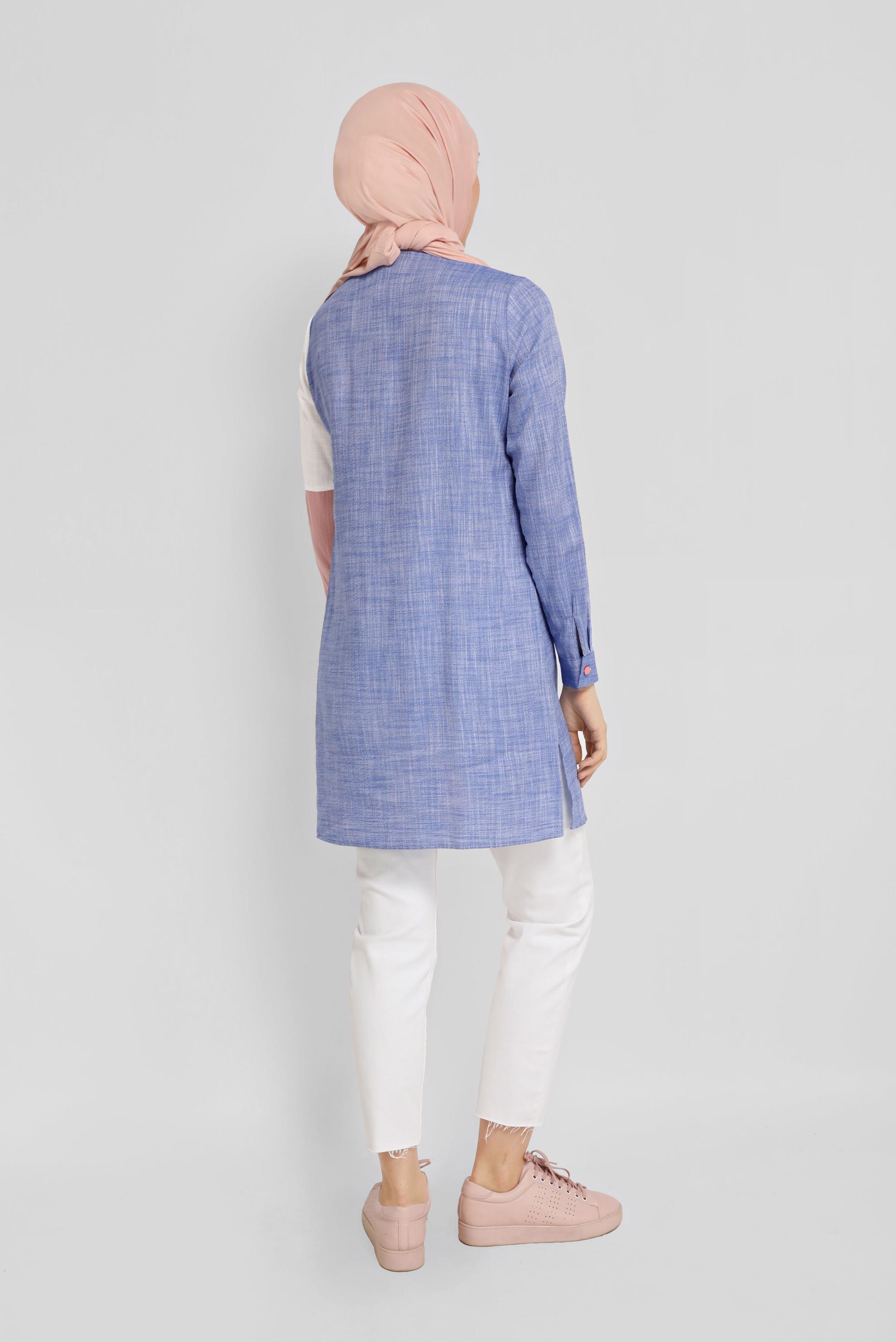 Tesettür giyim LACİVERT DÜĞMELİ PARÇALI CEPLİ TUNİK 41725 