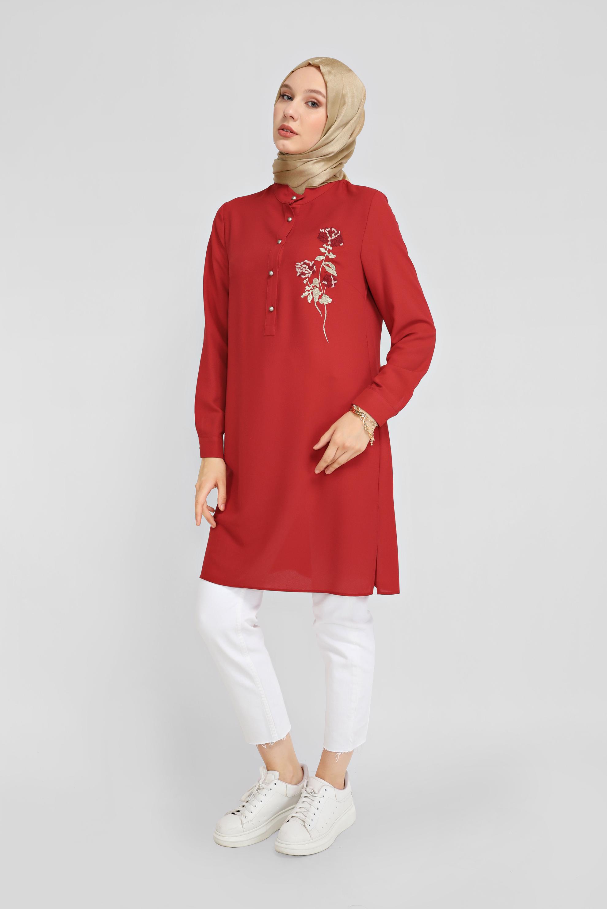 Tesettür giyim KIRMIZI ÇİÇEK DESENLİ DÜĞMELİ TUNİK 41728 