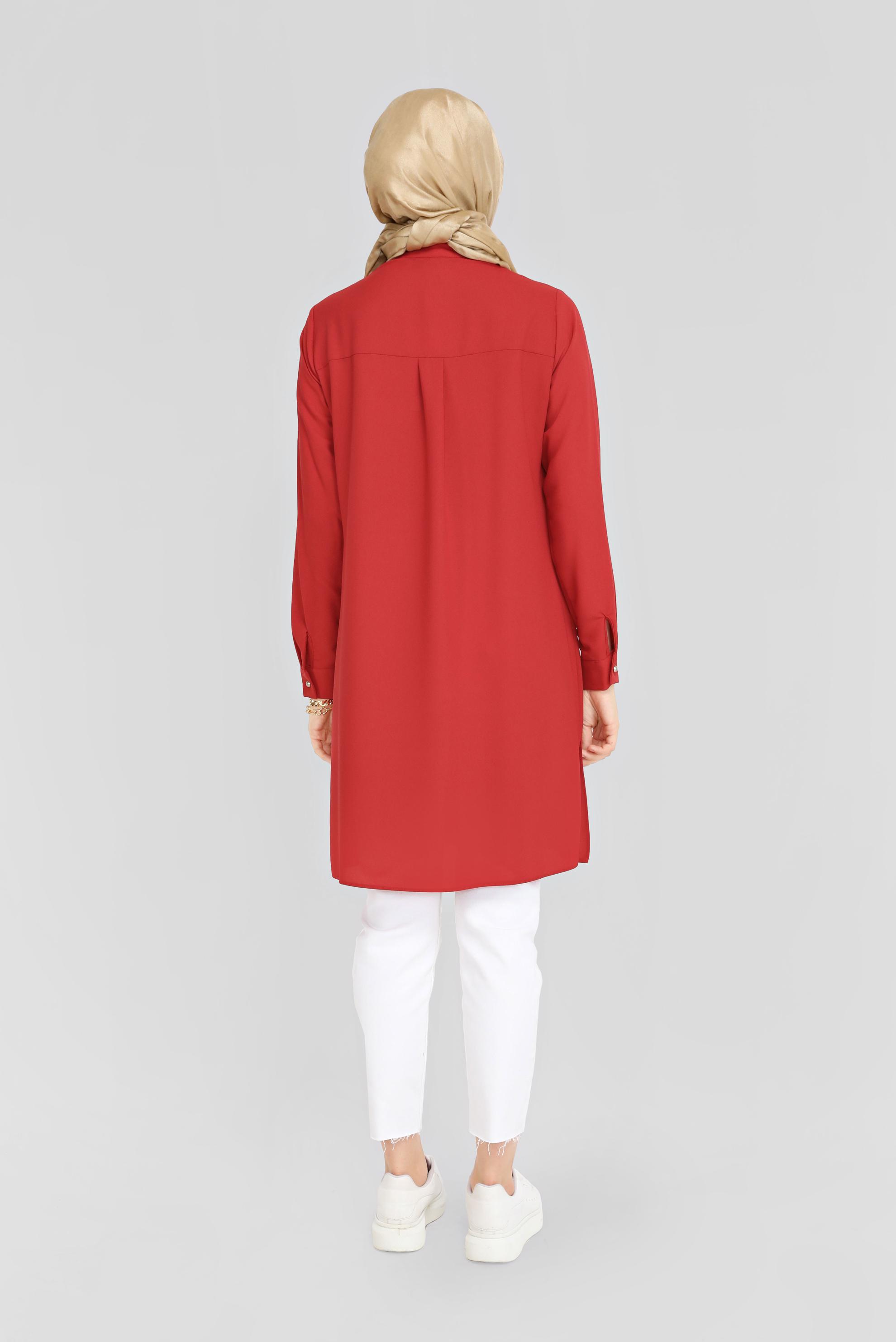 Tesettür giyim KIRMIZI ÇİÇEK DESENLİ DÜĞMELİ TUNİK 41728 