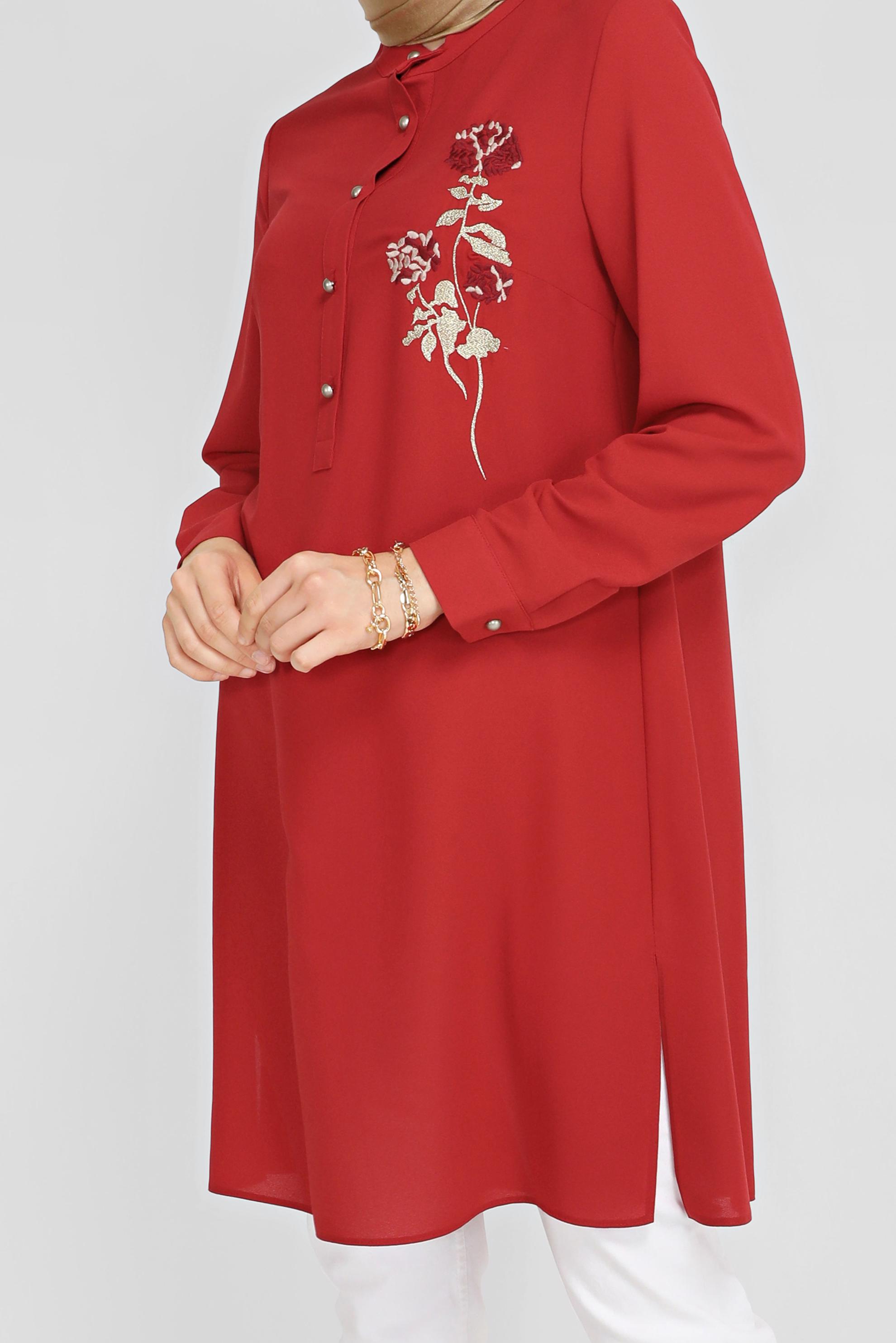 Tesettür giyim KIRMIZI ÇİÇEK DESENLİ DÜĞMELİ TUNİK 41728 