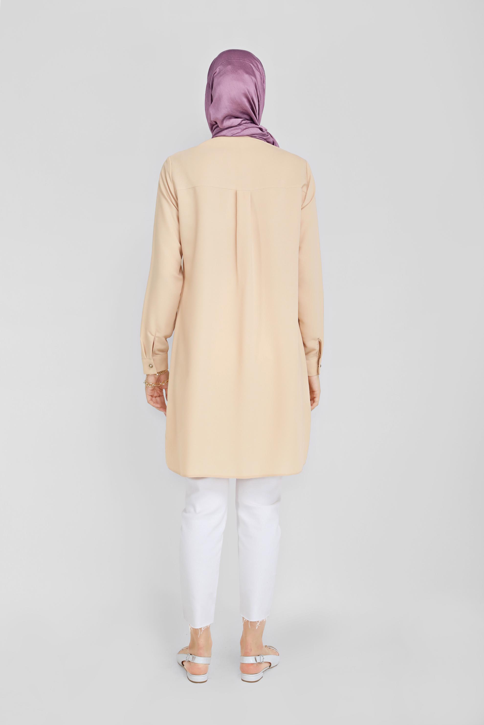 Tesettür giyim BEJ ÇİÇEK DESENLİ DÜĞMELİ TUNİK 41728 