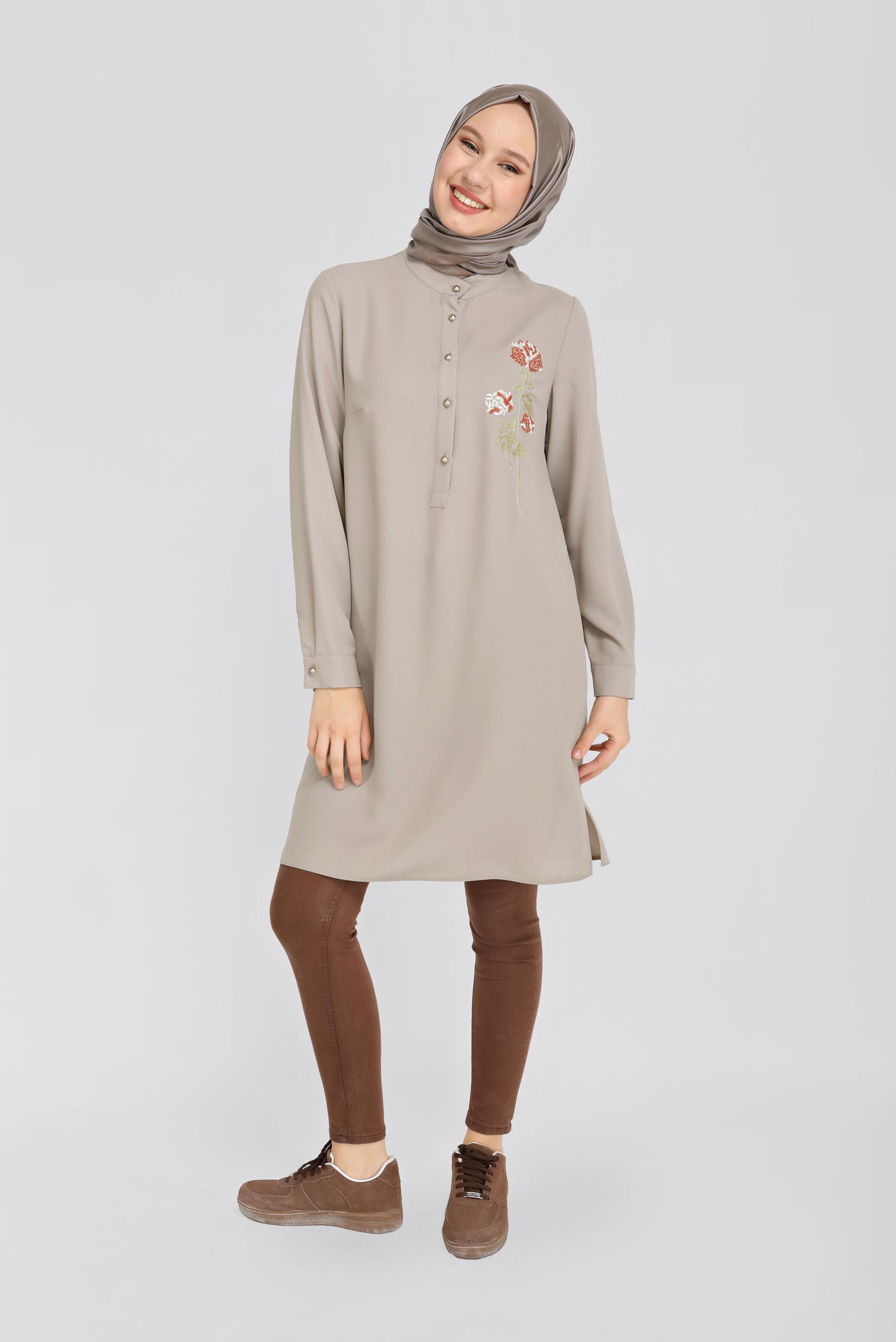 Tesettür giyim VİZON ÇİÇEK DESENLİ DÜĞMELİ TUNİK 41728 