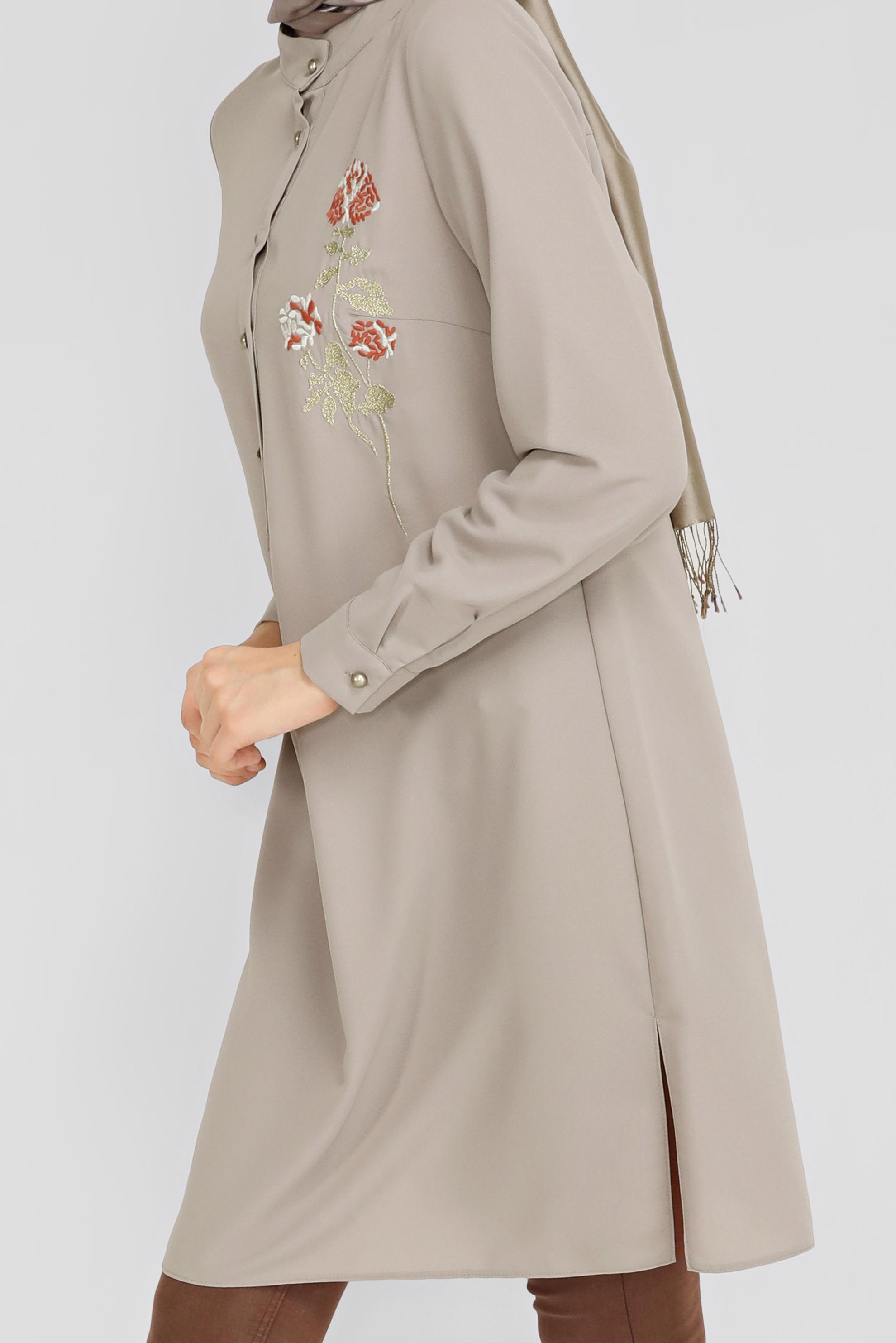 Tesettür giyim VİZON ÇİÇEK DESENLİ DÜĞMELİ TUNİK 41728 