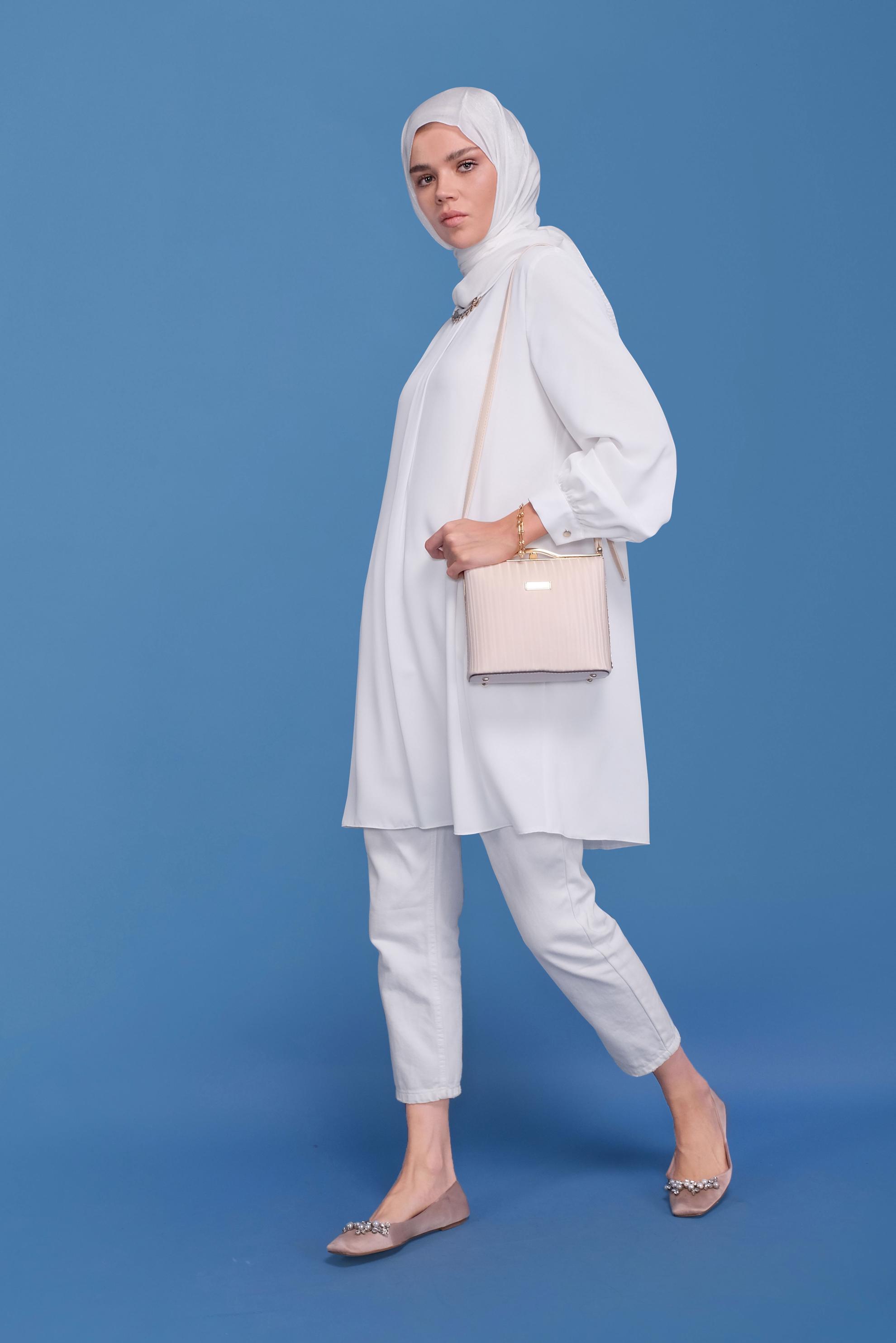 Tesettür giyim BEYAZ ZİNCİR DETAYLI TUNİK 41746 