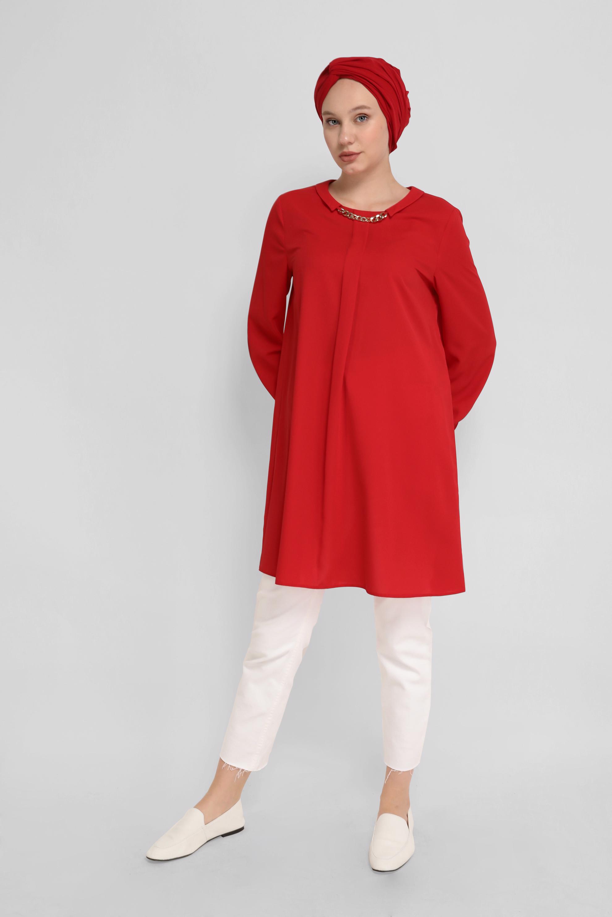 Tesettür giyim KIRMIZI ZİNCİR DETAYLI TUNİK 41746 