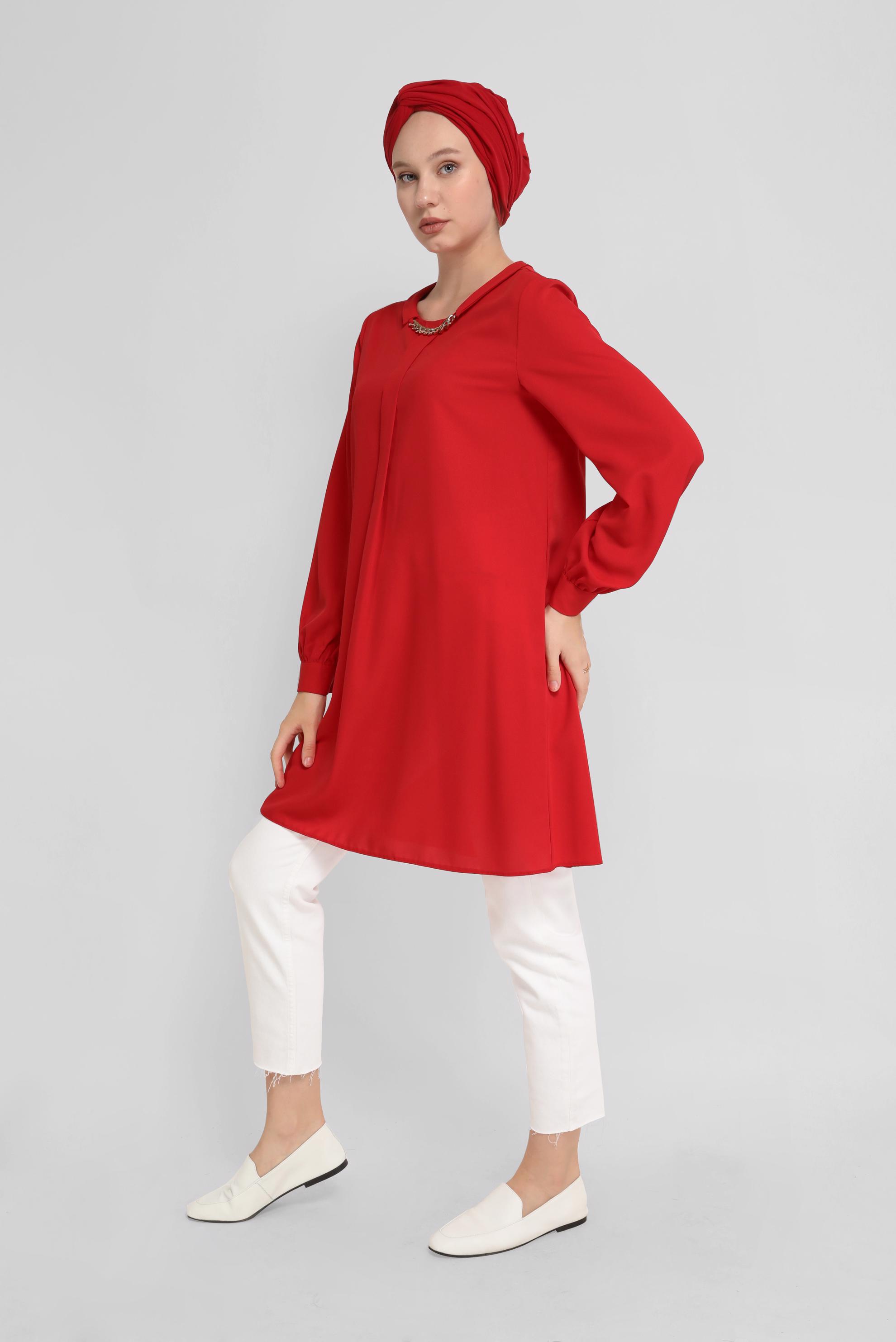 Tesettür giyim KIRMIZI ZİNCİR DETAYLI TUNİK 41746 