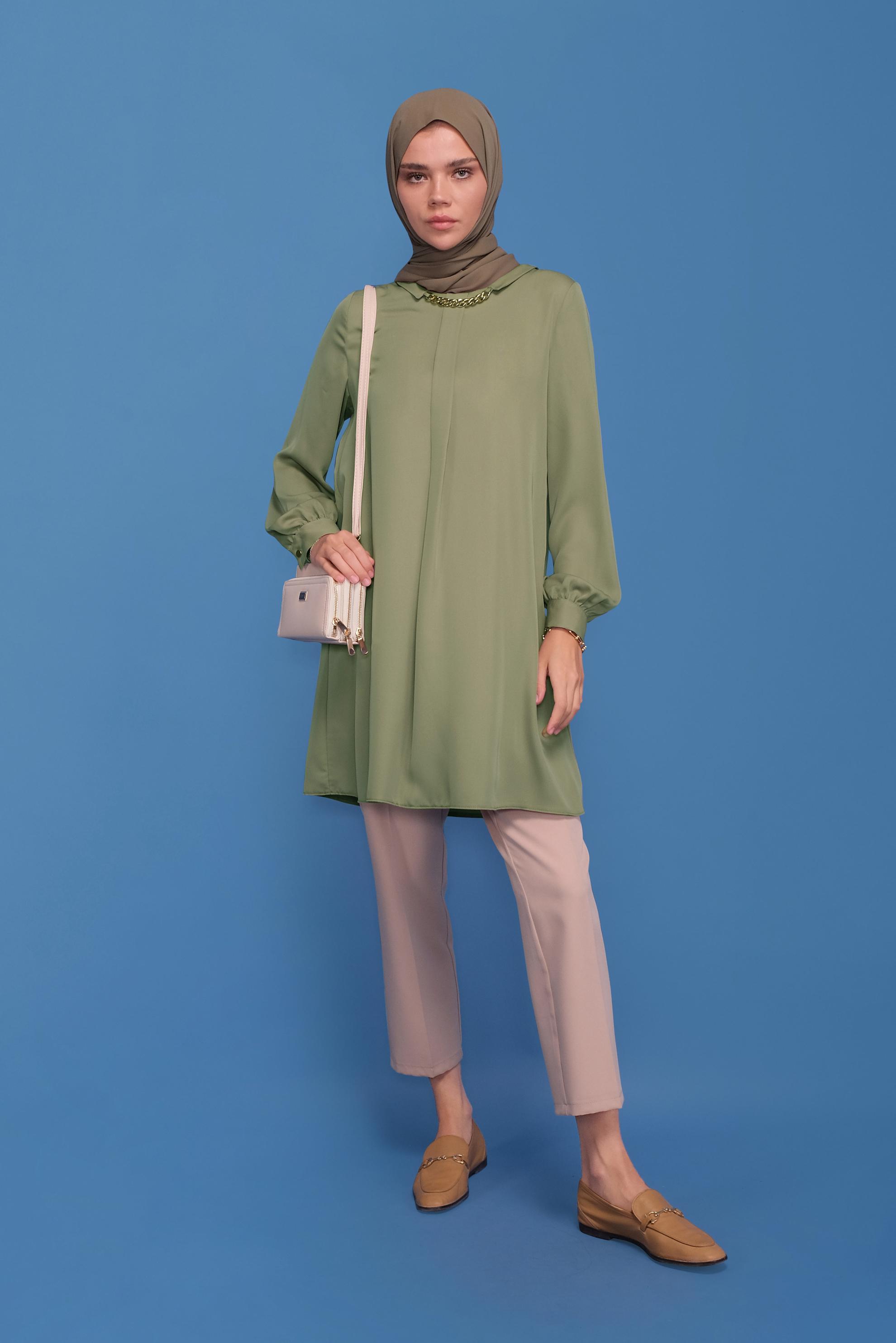 Tesettür giyim HAKİ ZİNCİR DETAYLI TUNİK 41746 