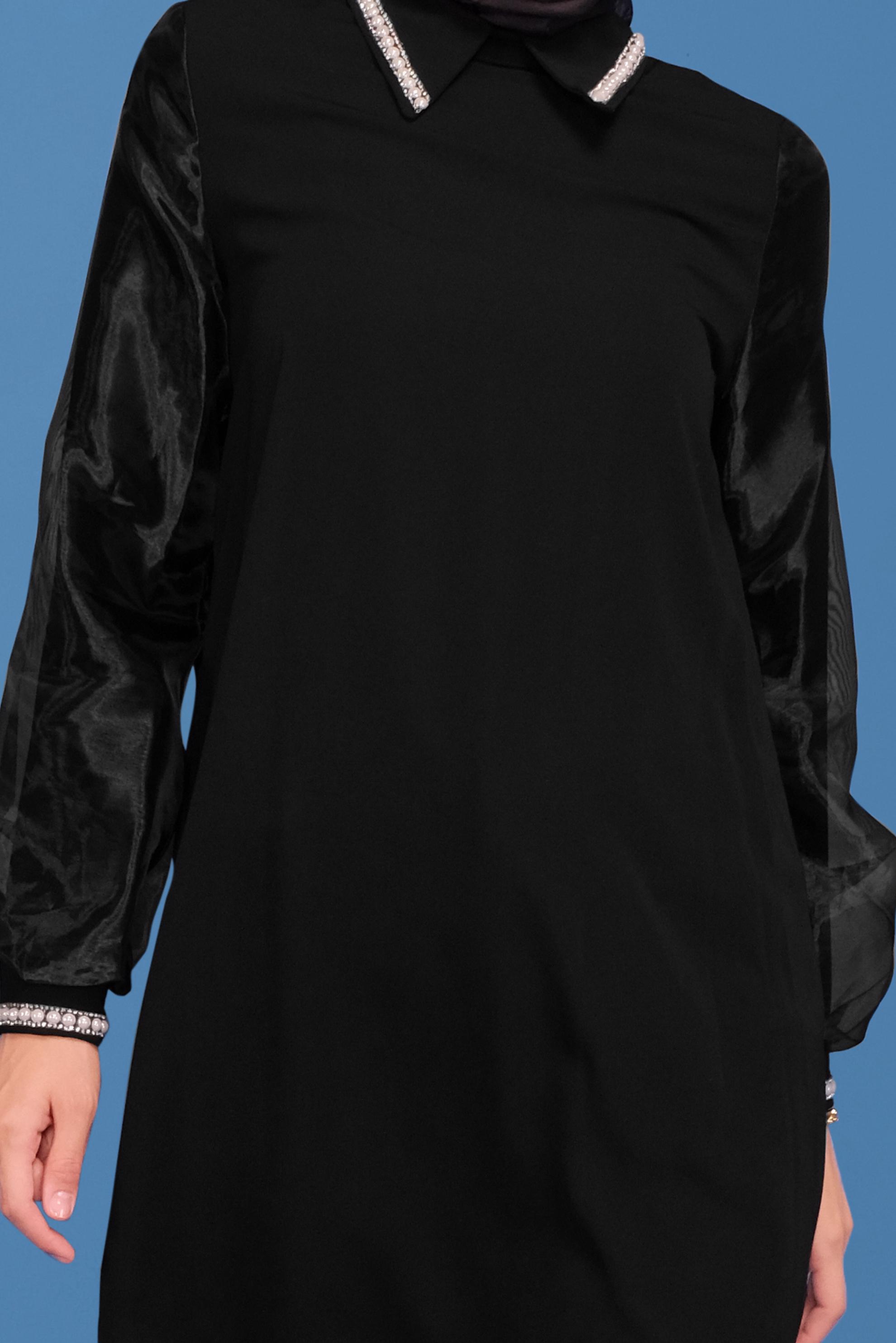 Tesettür giyim SİYAH MANŞETLERİ VE YAKASI İNCİ İŞLEMELİ TUNİK 41772